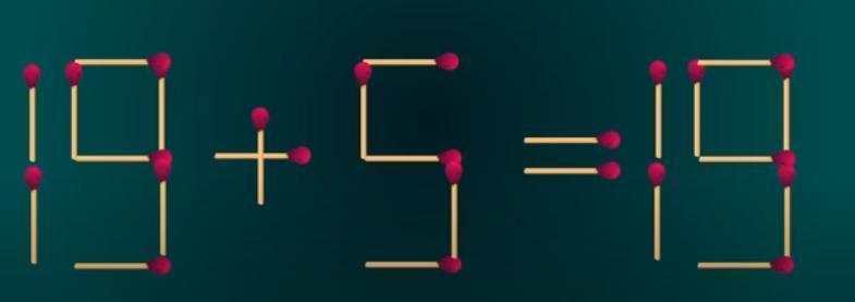 这是一道别出心裁的火柴棒谜题，当前“19 + 5 = 19”的等式并不成立。现向