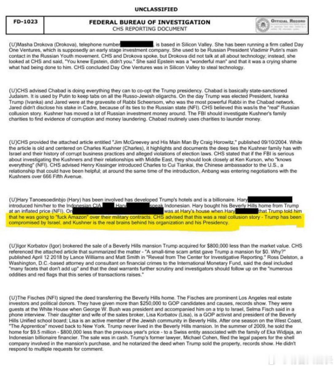 联邦调查局报告：特朗普被以色列控制一份解密的联邦调查局报告称，联邦调查局线人认为