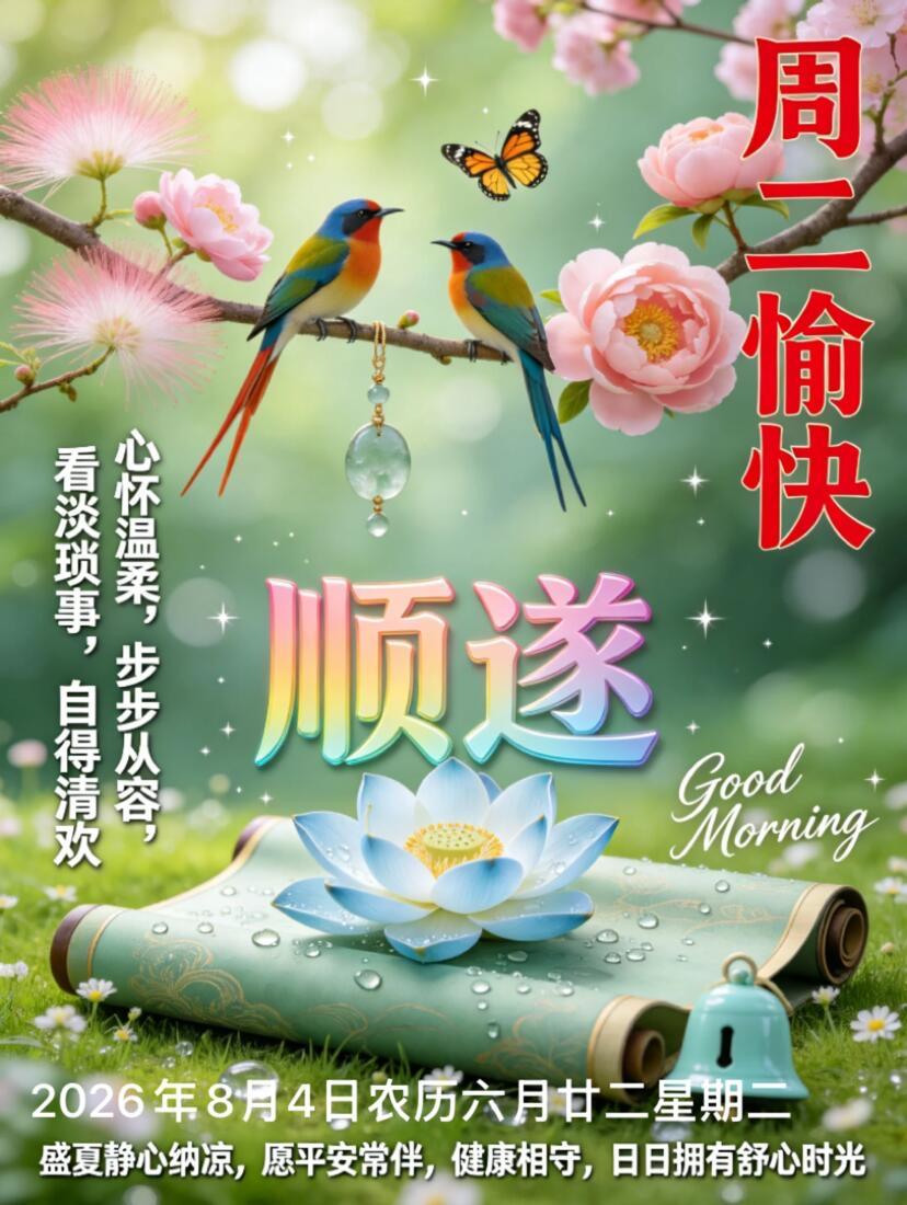 早上好，8月4日周二吉祥🍃！清晨的微光洒落人间，唤醒崭新的一天。生活没有标准答