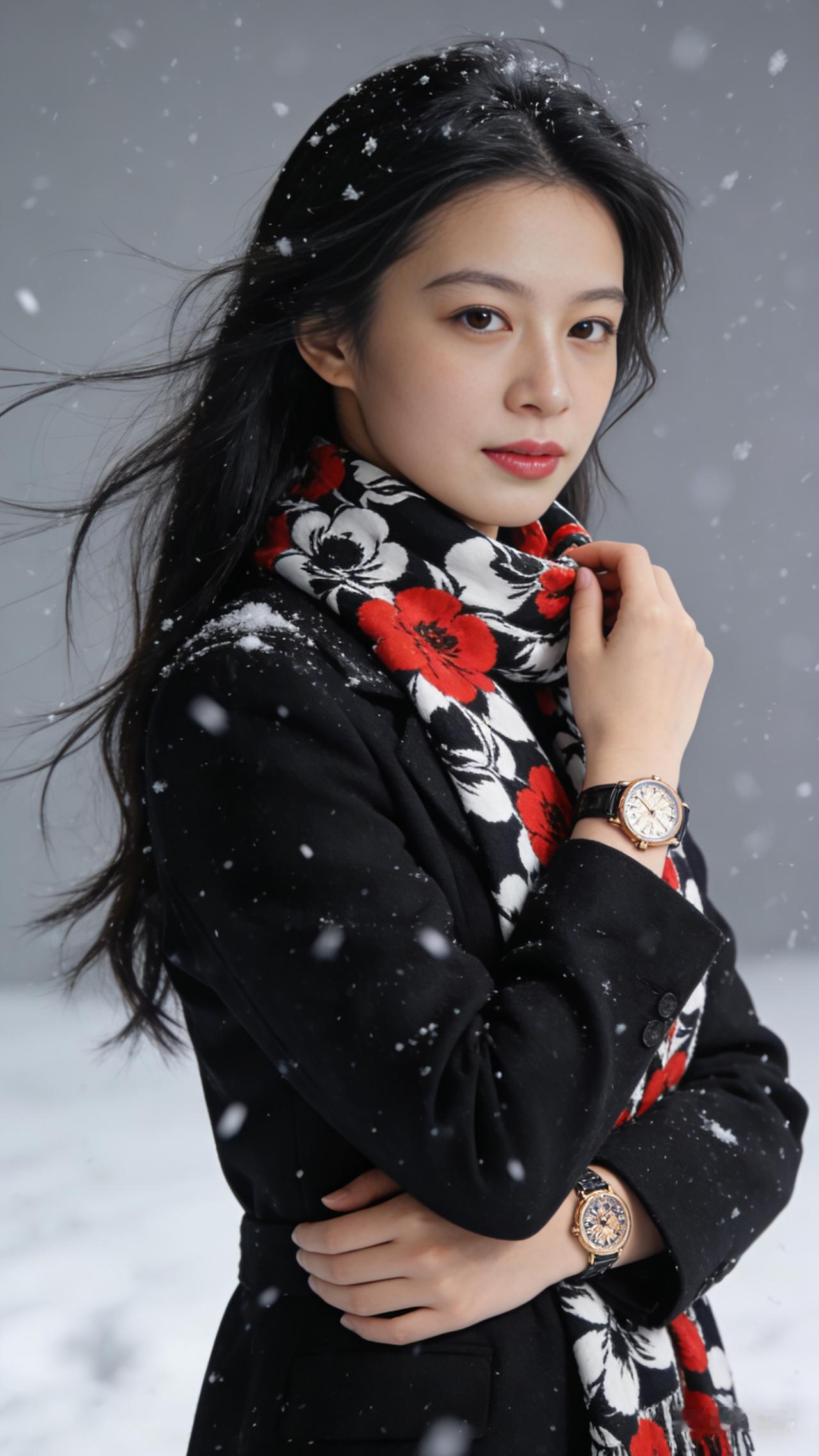 女孩精致妆容衬出明亮温和的眼神，黑色外套与黑白花围巾相得益彰。她左手轻触围巾，右