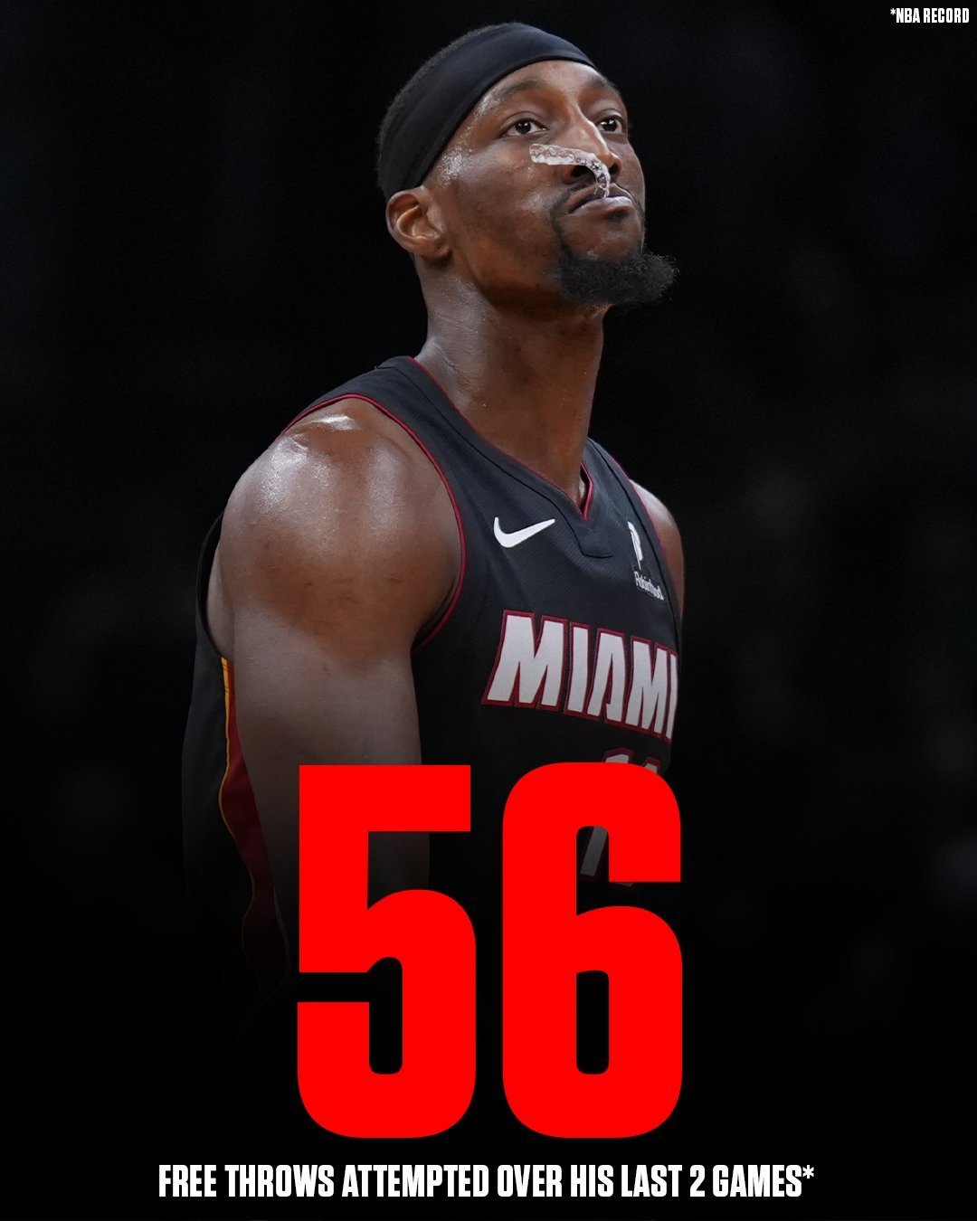 阿德巴约两战合计56罚，刷新小乔丹创下的54罚纪录。热火