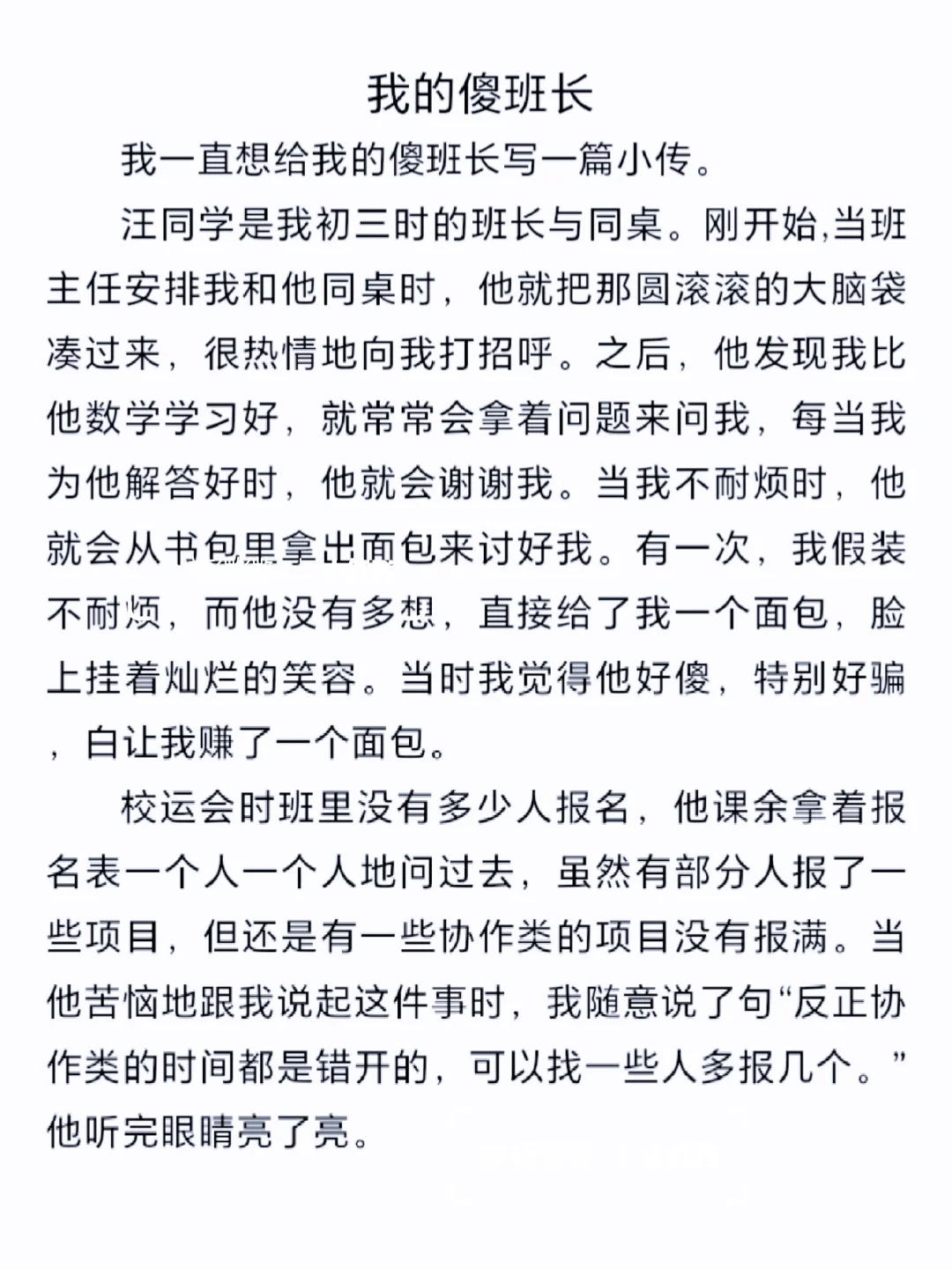 初中作文《我的傻班长》，人物小传