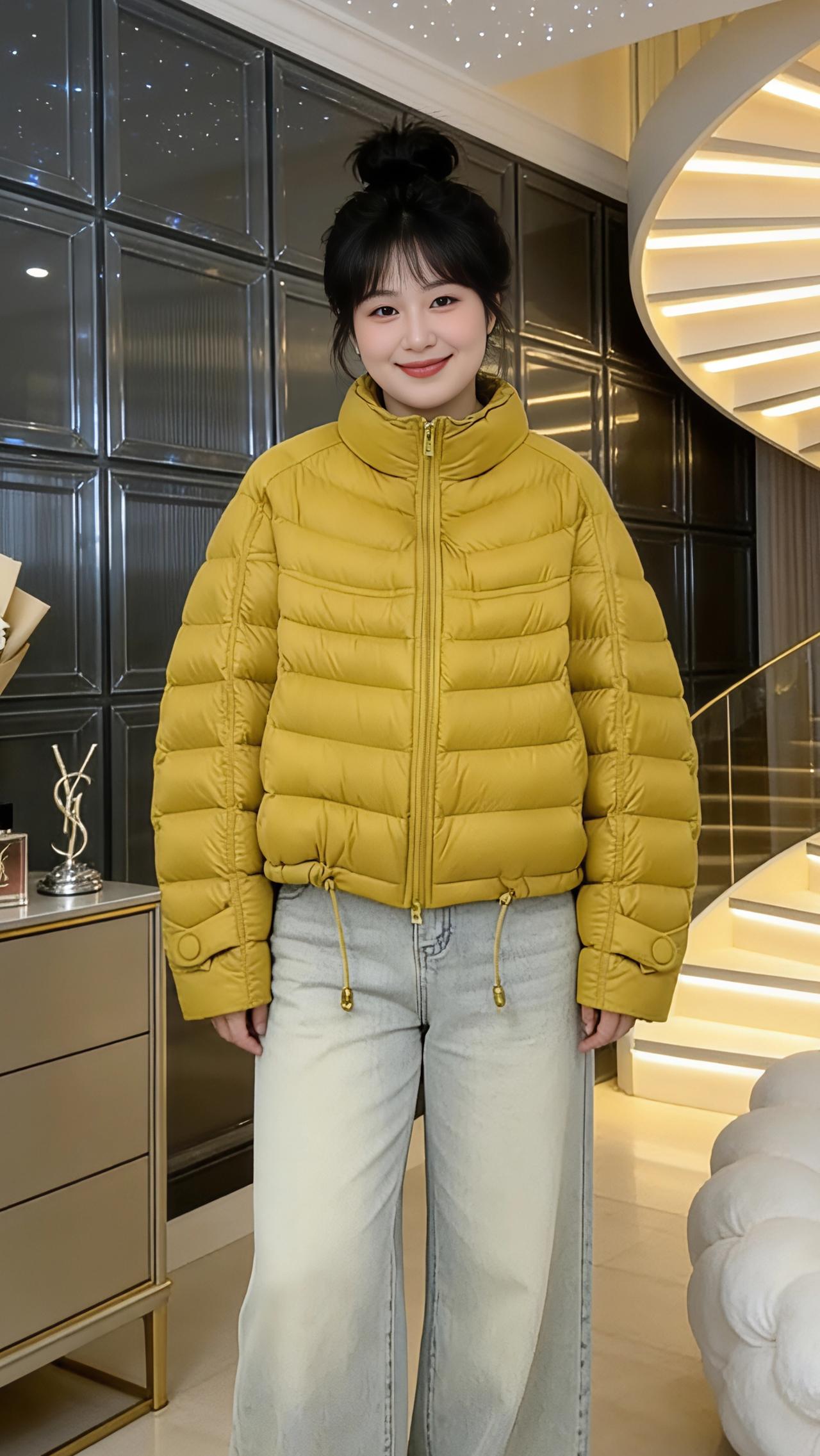 暖金序章
 
螺旋楼梯的光带，把空间晕成温柔的暖调。她站在光里，姜黄色的短款羽绒