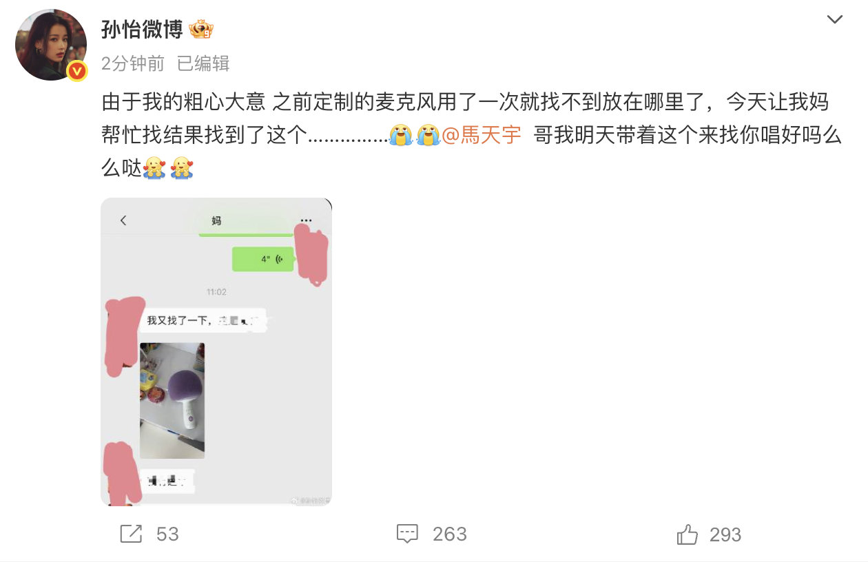 【孙怡的定制麦克风找不到了】孙怡艾特马天宇 10月30日，发文：“由于我的粗心大