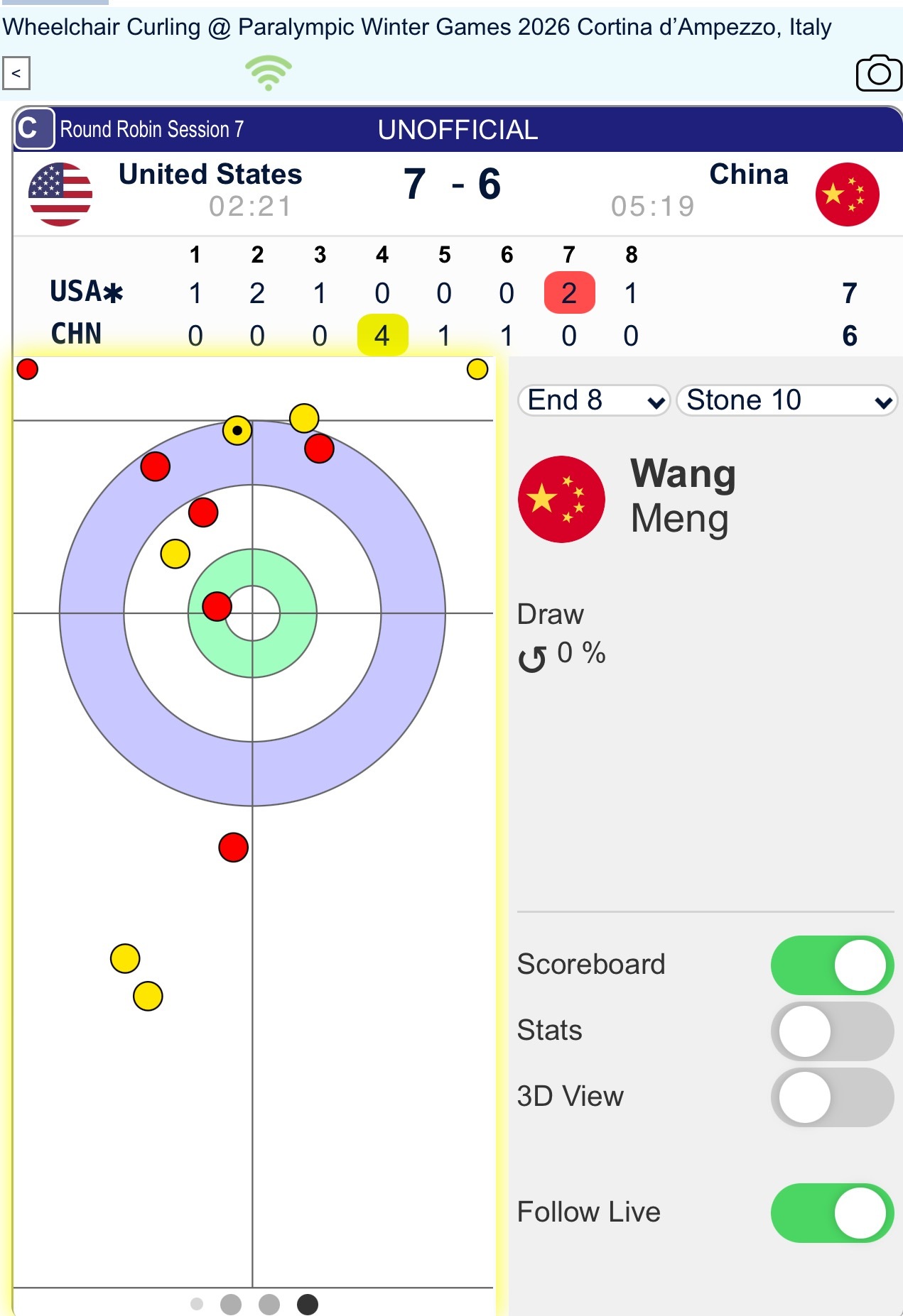 【奥运冰壶】轮椅混双 中国惜败美国 