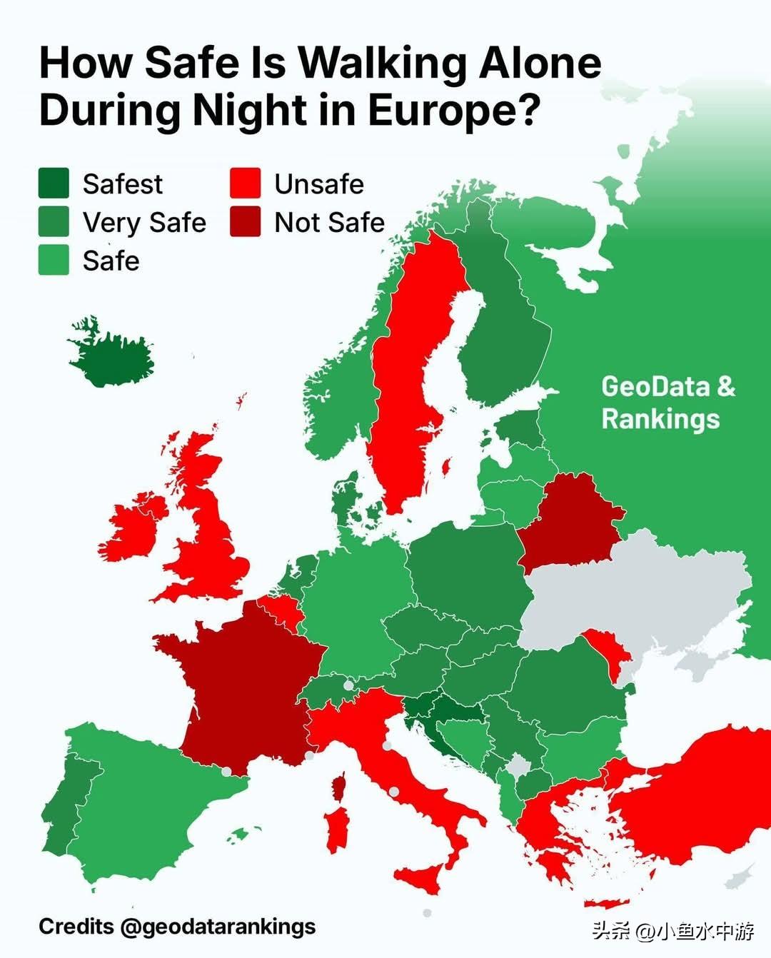 欧洲各国《夜晚独自行走安全度》调查地图公布！荷兰名列高安全国家 
 
在国外你敢