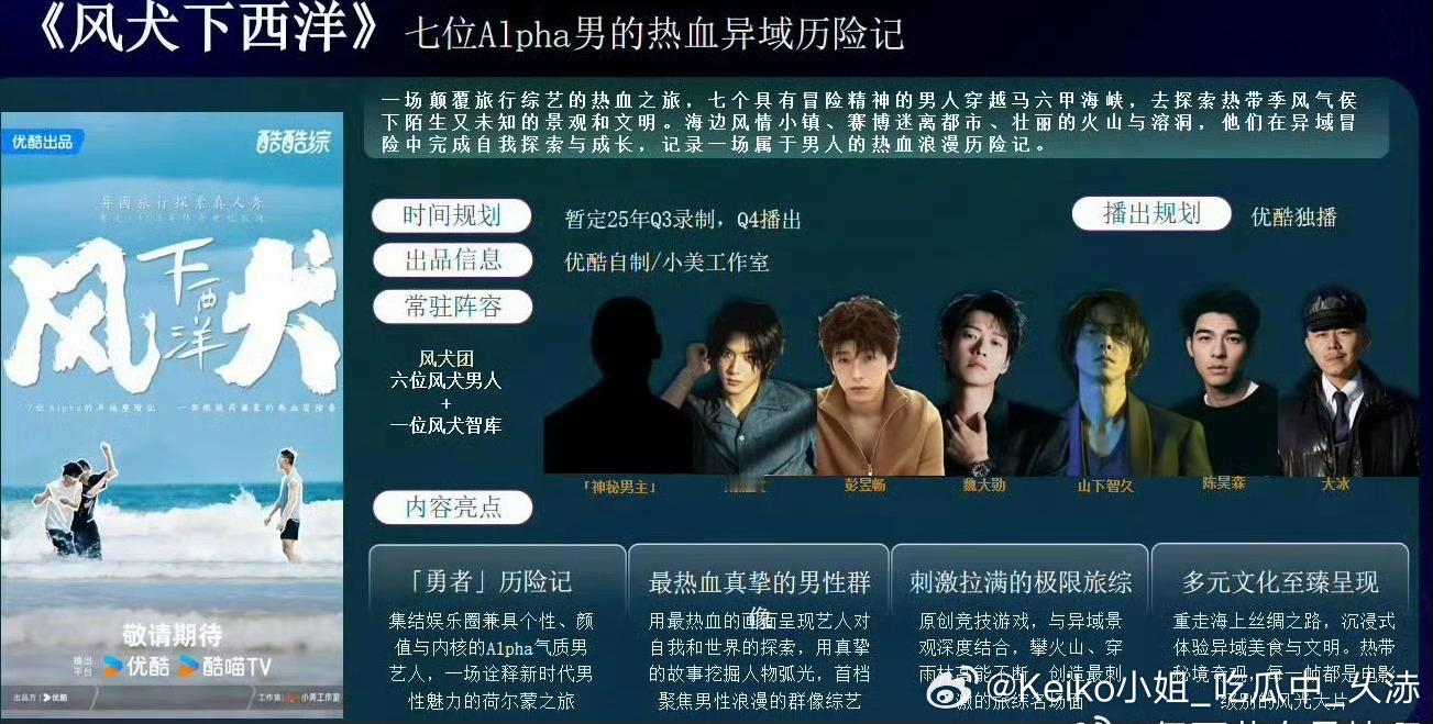 七位男alpha优酷综艺《风犬下西洋》拟邀：大冰、彭昱畅、魏大勋、刘耀文、山下智