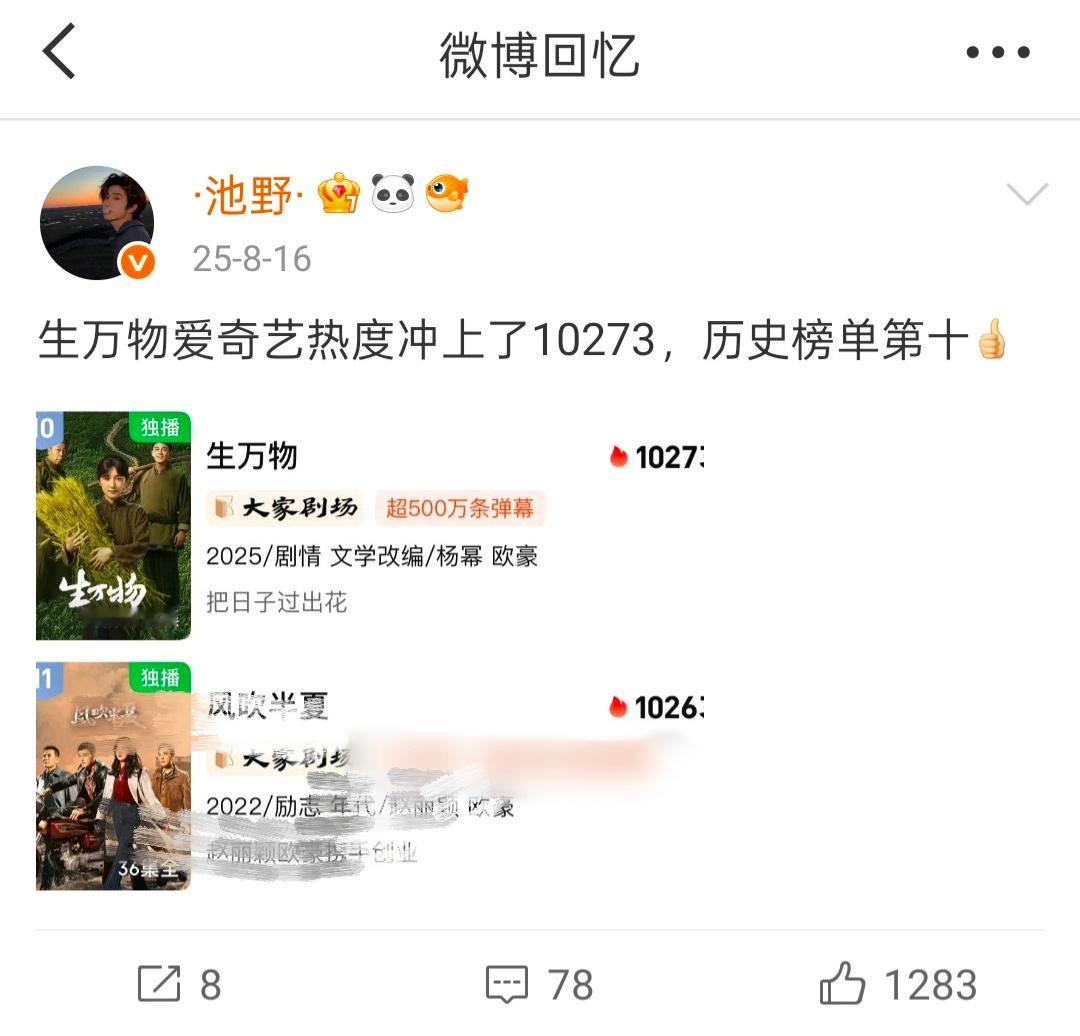 去年今日大爆剧生万物站内热度破万 
