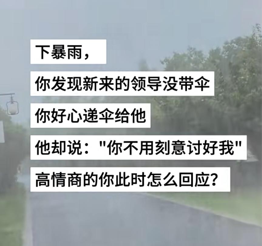 下暴雨，你发现新来的领导没带伞你好心递伞给他。
他却说：“你不用刻意讨好我！”