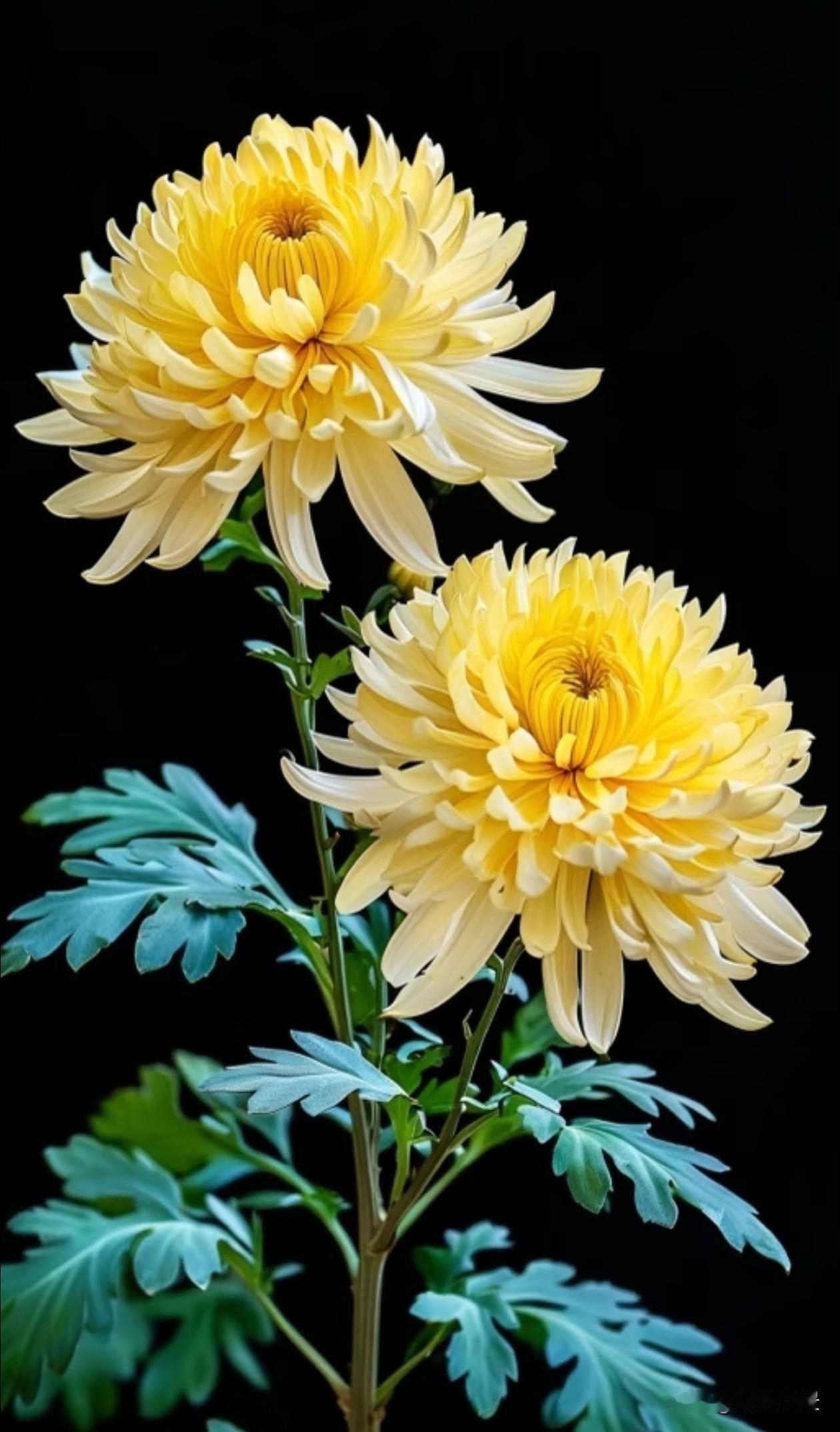 黑幕衬着两株浅黄秋菊，花瓣由金黄花心渐变为奶白，层层舒展柔和雅致，青绿叶片静静相