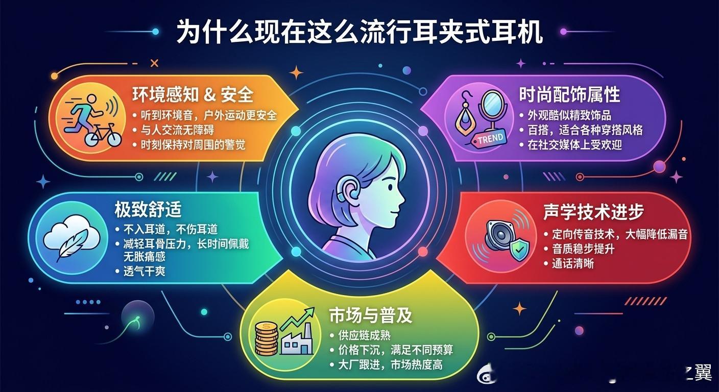 为什么现在这么流行耳夹式耳机 传统入耳式耳机长期佩戴极易导致耳道发炎、闷热、积压