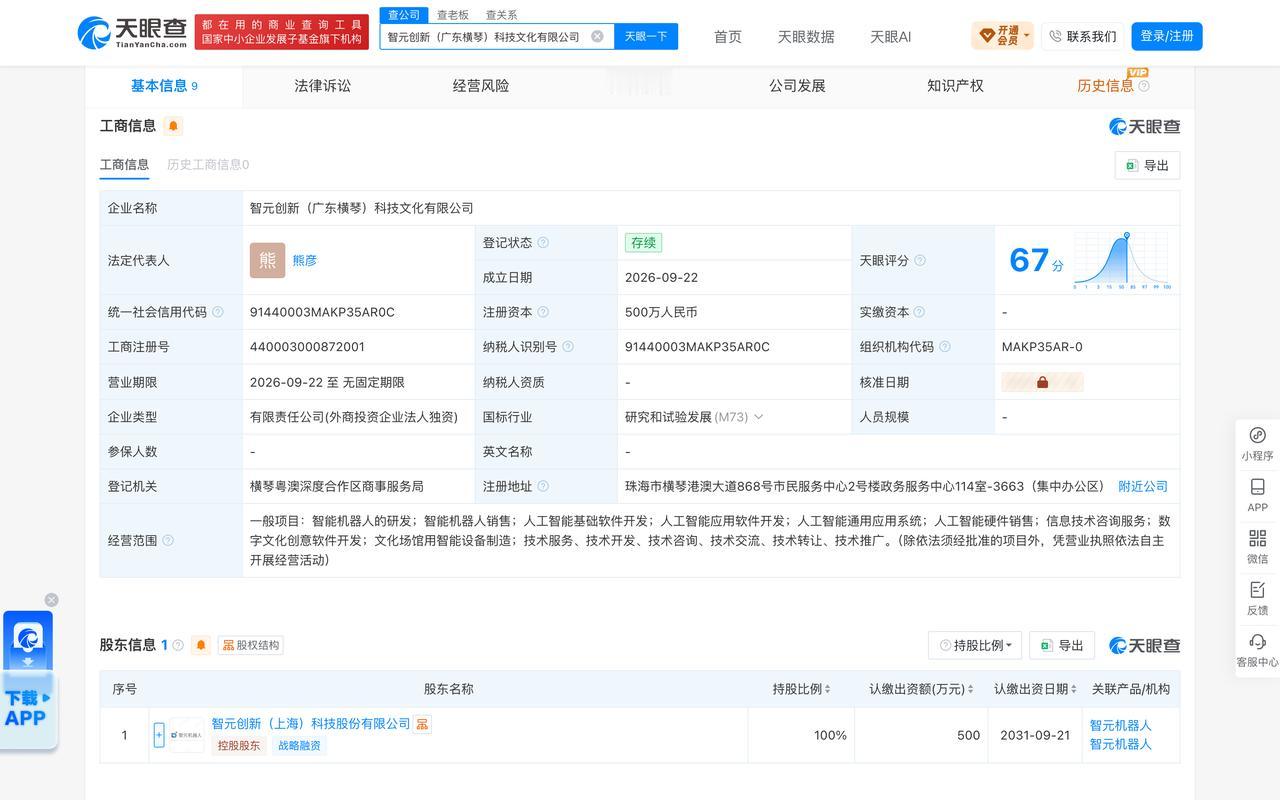 智元机器人在横琴成立科技文化公司含文化场馆智能设备制造业务
天眼查APP显示：9