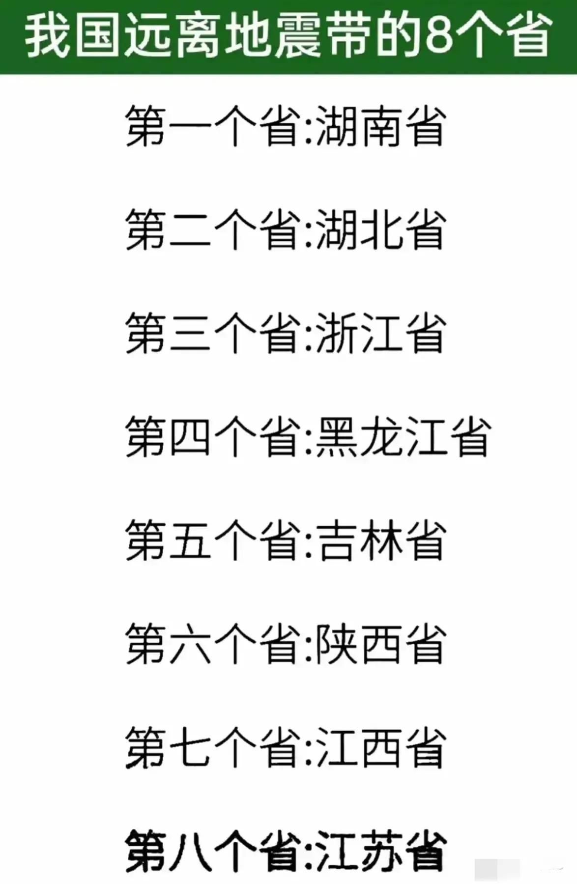 你赞同吗？据说这是我国远离地震带的8个省～
第一个省：湖南省
第二个省：湖北省

