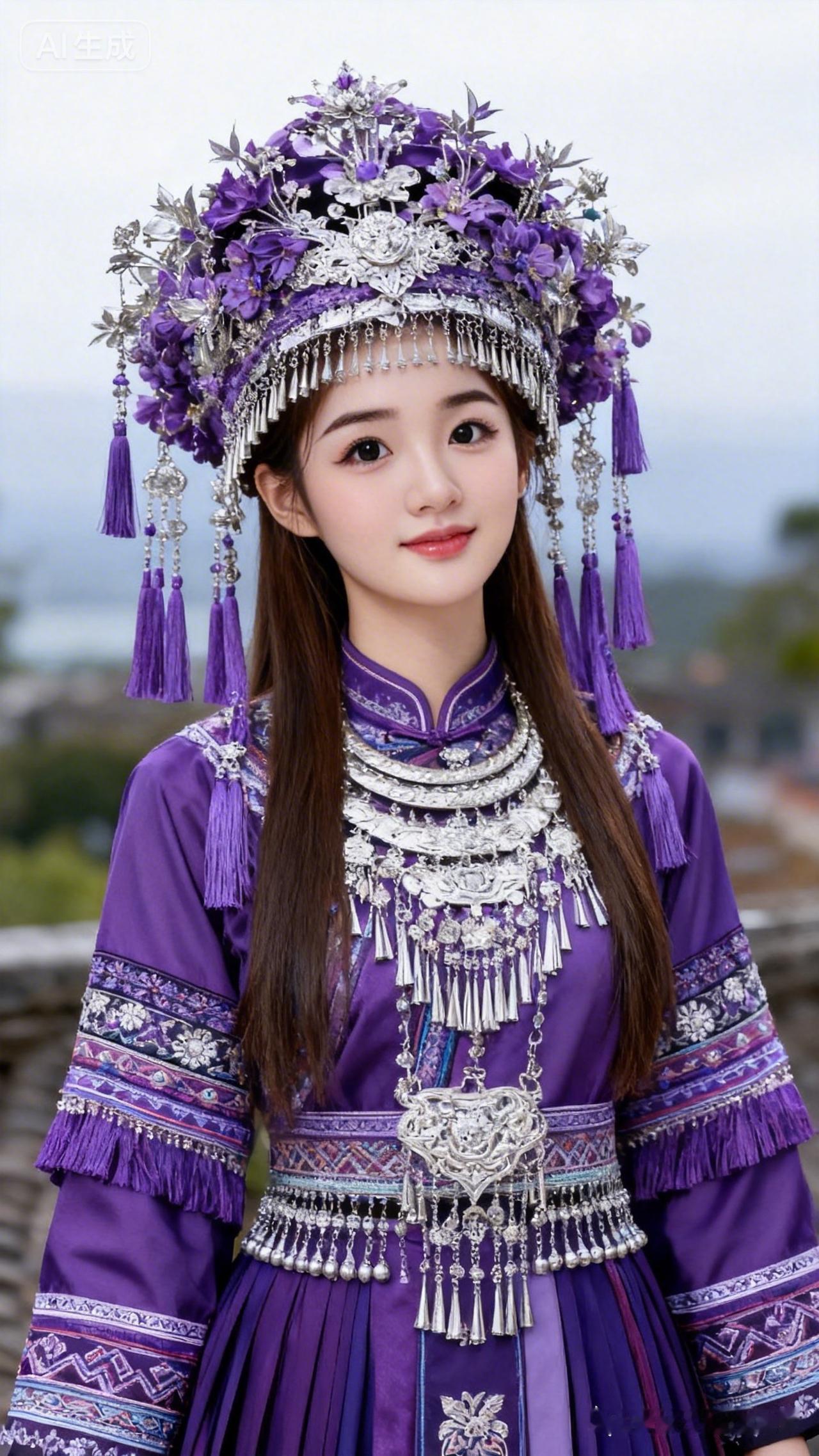 惊艳的民族风穿搭，紫色华服搭配精致头饰，尽显民族风情！🌸💜✨