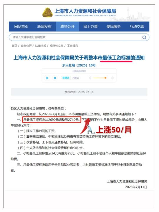 2025年上海最低工资标准：2740元