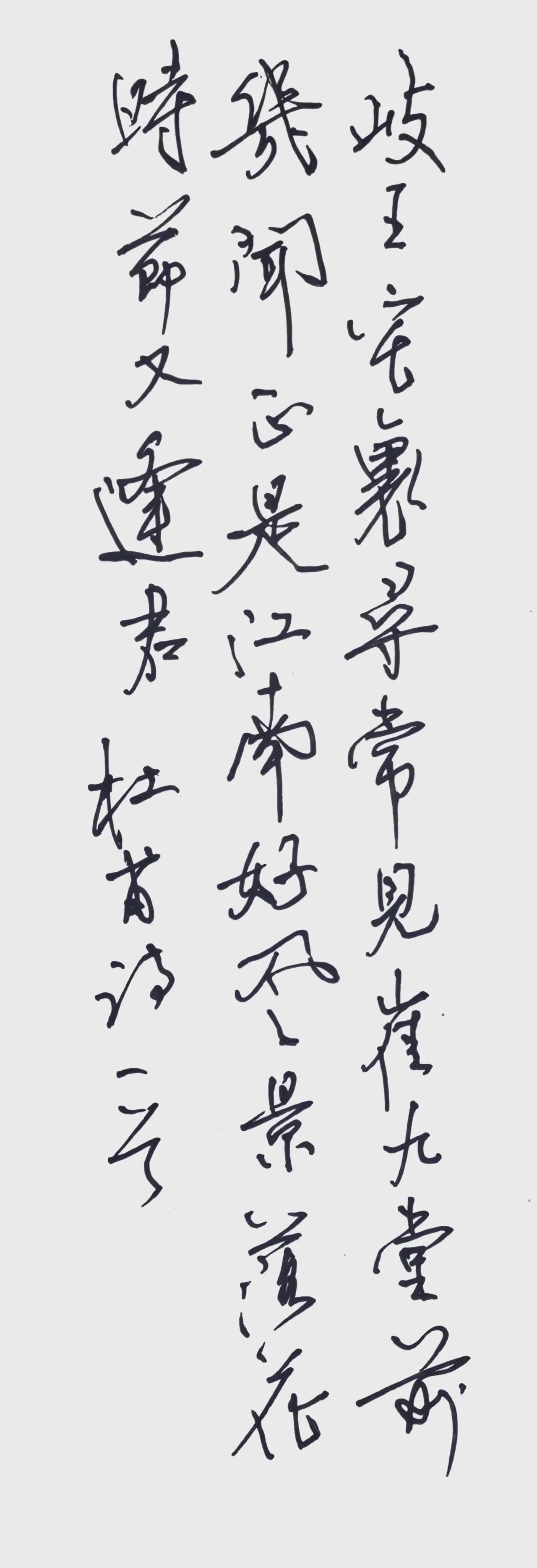 中性笔 1.0书写。
释文（杜甫《江南逢李龟年》）
岐王宅里寻常见，崔九堂前几度