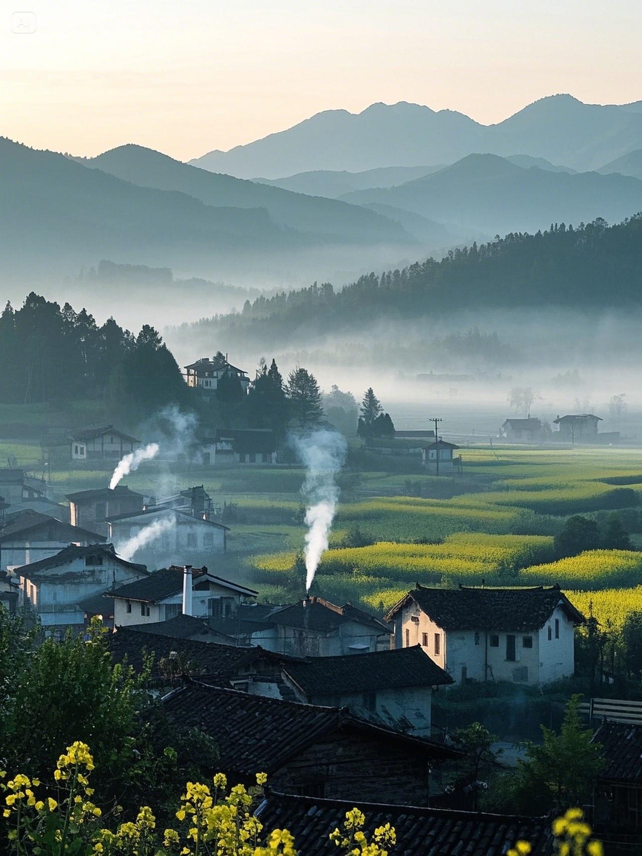 上联：茅屋炊烟升起处；
下联：柴门暮色回归时。