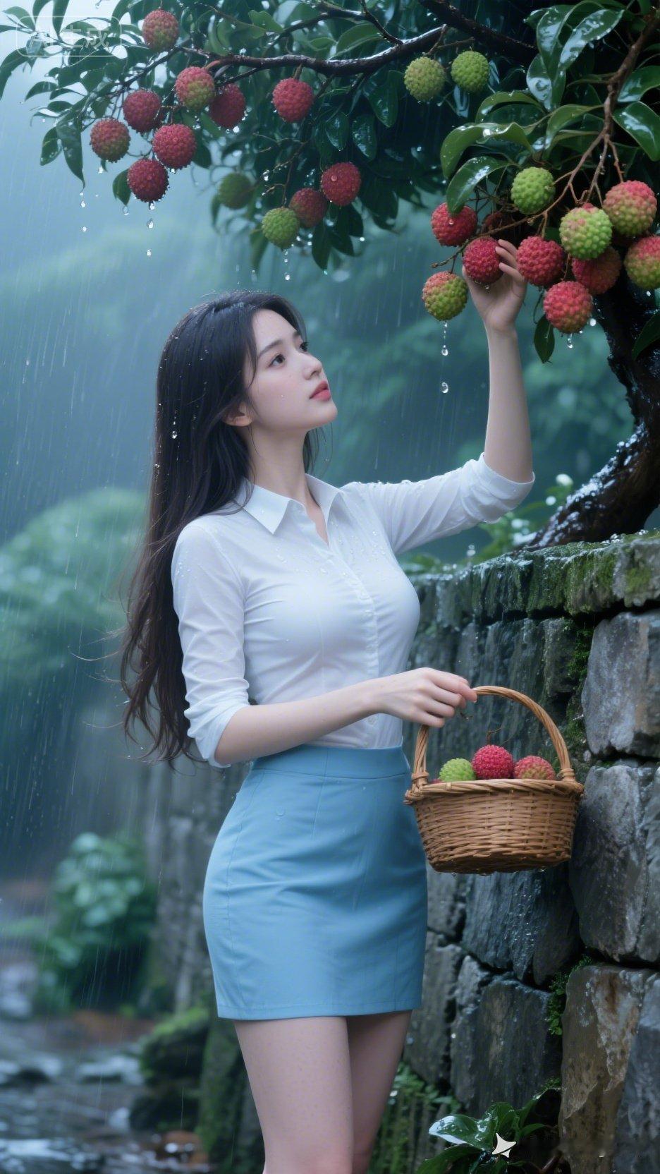雨中采摘红果，清新自然，美不胜收！🌧️🍒