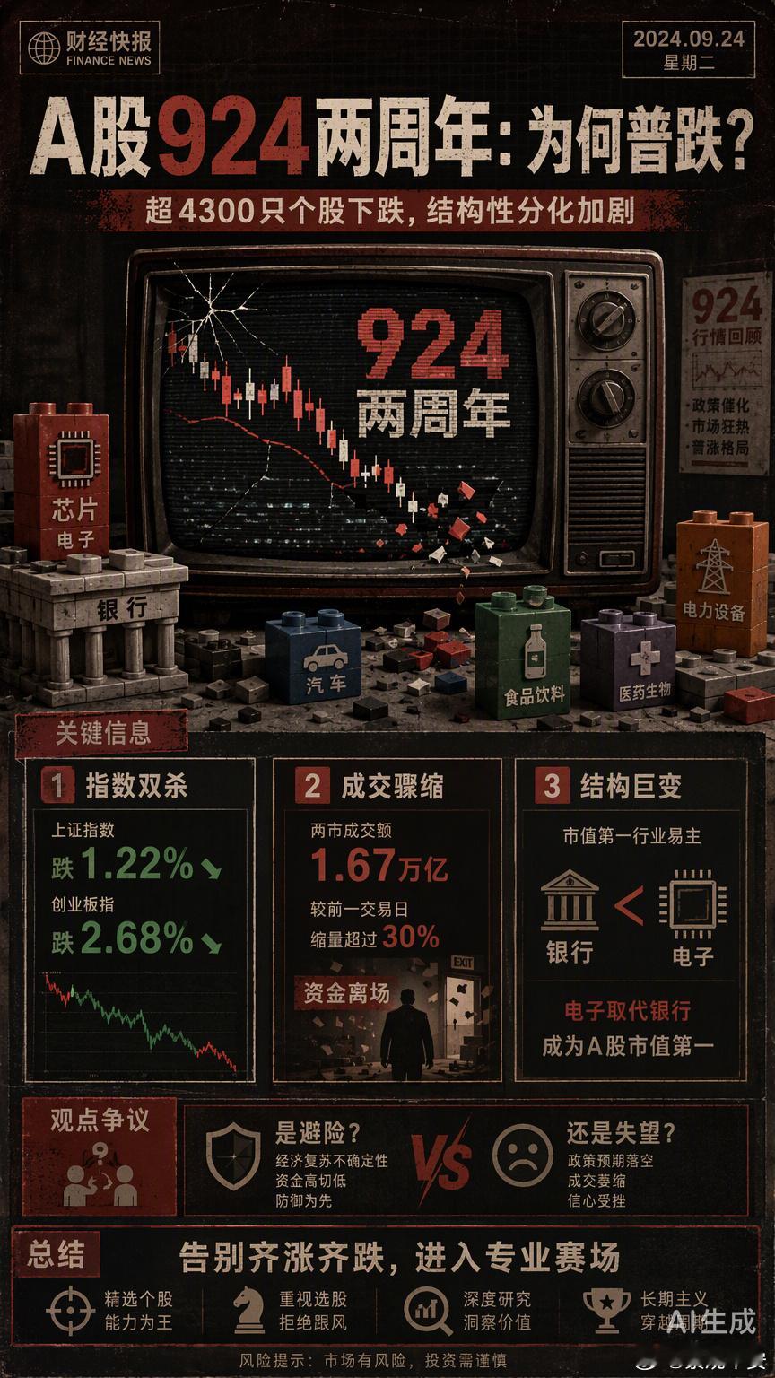 A股924行情两周年，市场没迎来预想中的普涨狂欢，反而以超4300只个股普跌收场