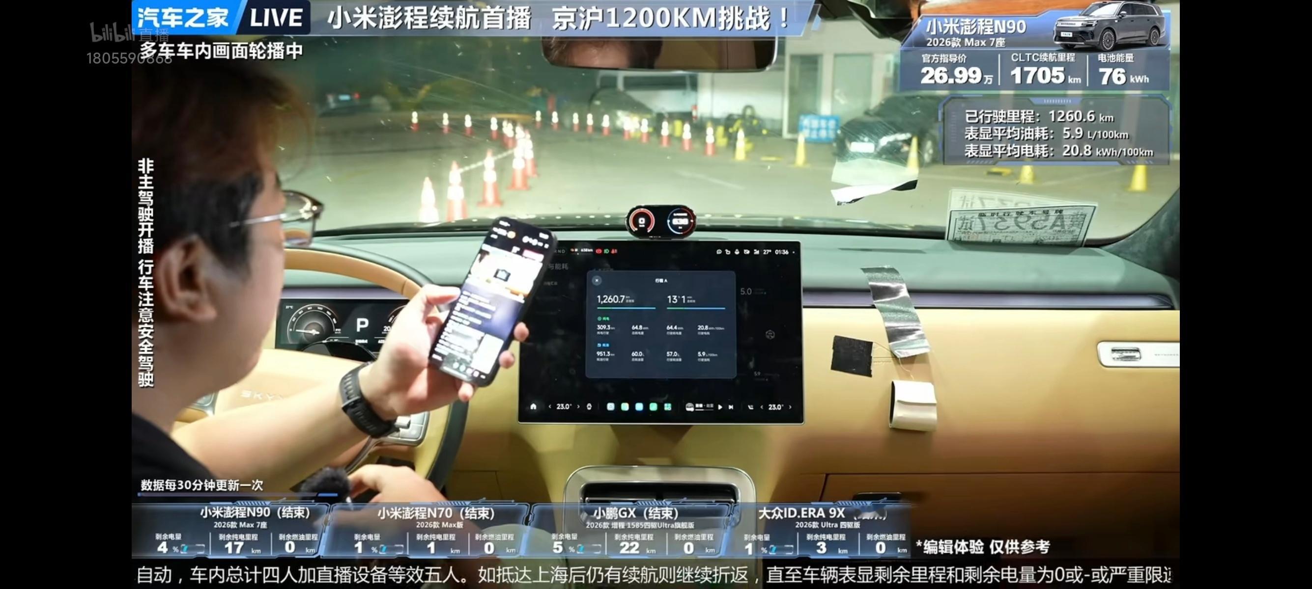 小米澎程N90标称续航1709km，实测续航1260.6km，剩余纯电续航17k