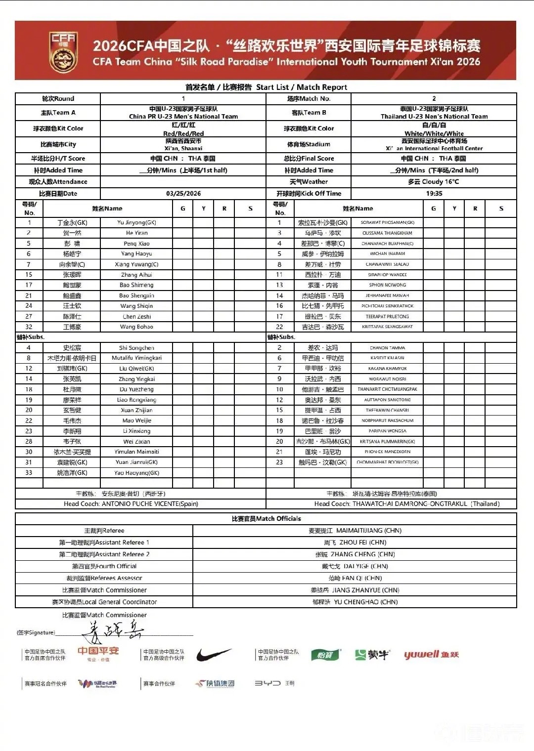 2026CFA中国之队“丝路欢乐世界”西安国际青年足球锦标赛首轮，中国U23坐镇