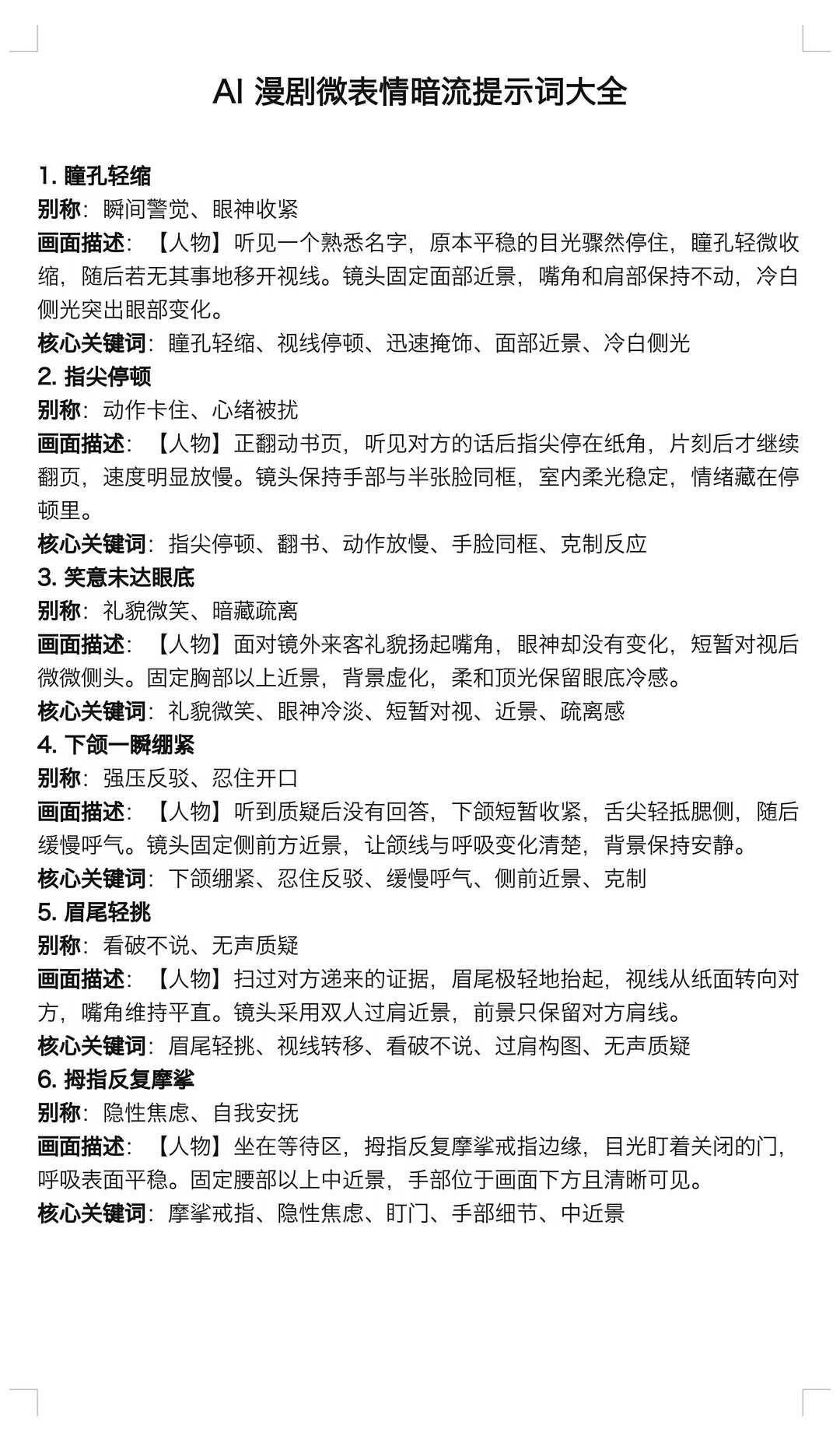 Ai漫剧微表情提示词
ai关键词 ai ai工具 AI视频 AI教程 ai漫画A