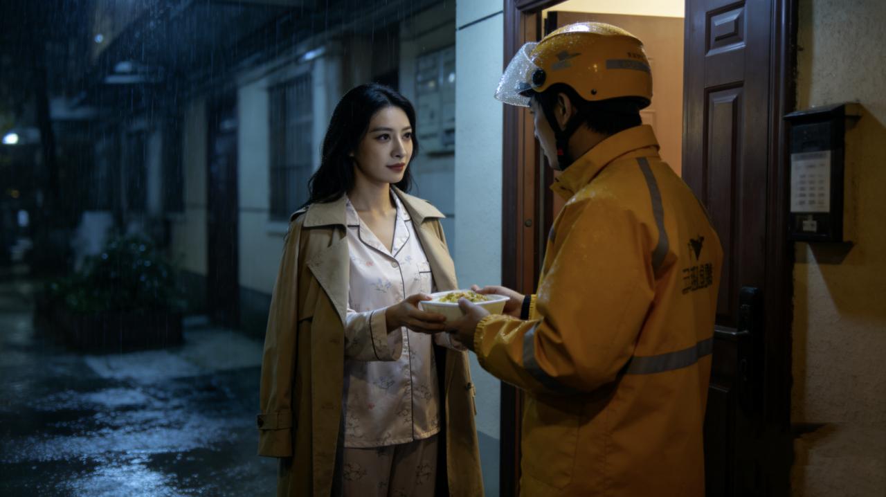 老陈送外卖，在暴雨里等了十分钟，客人终于下楼了。
是个妆容精致的女人，睡衣外裹着