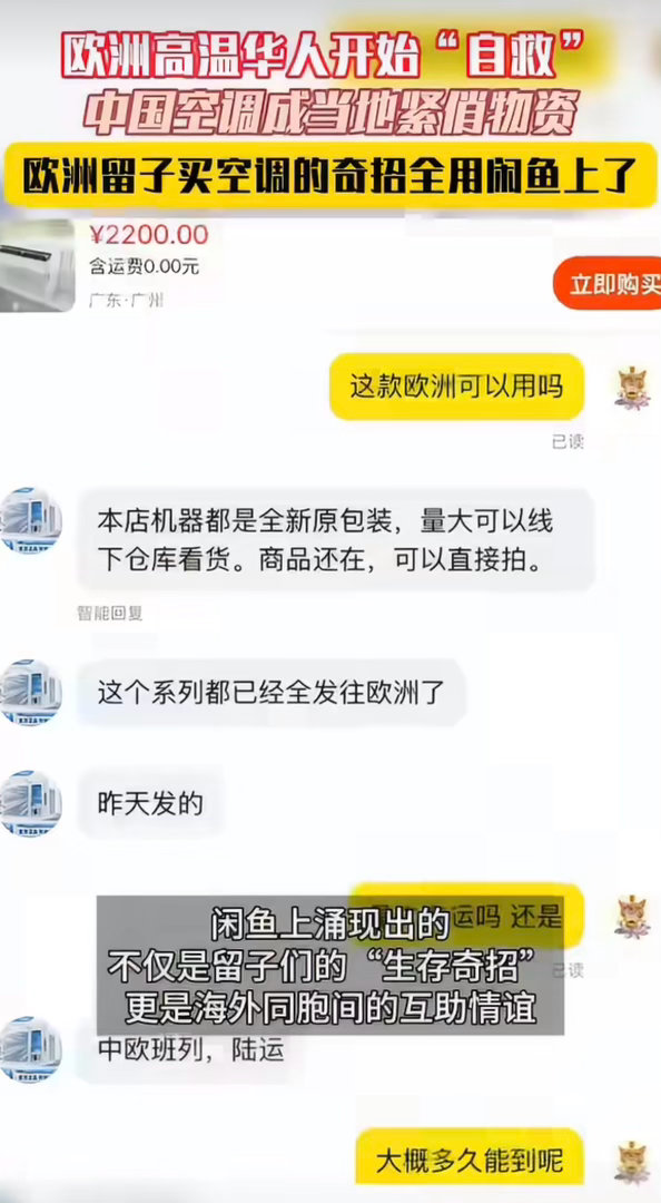 欧洲留子买空调的奇招全用闲鱼上了极端热浪席卷欧洲，新房旧楼装空调限制多，华人学子