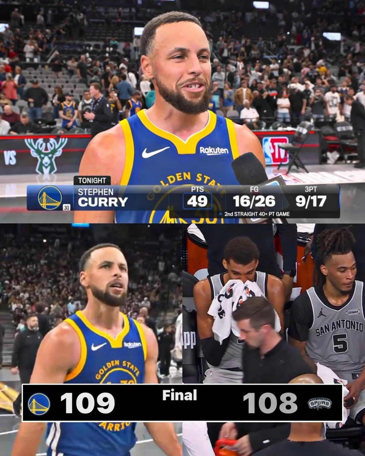 在勇士109比108胜马刺的NBA杯🏀比赛中，美国🇺🇸控球后卫库里26投1