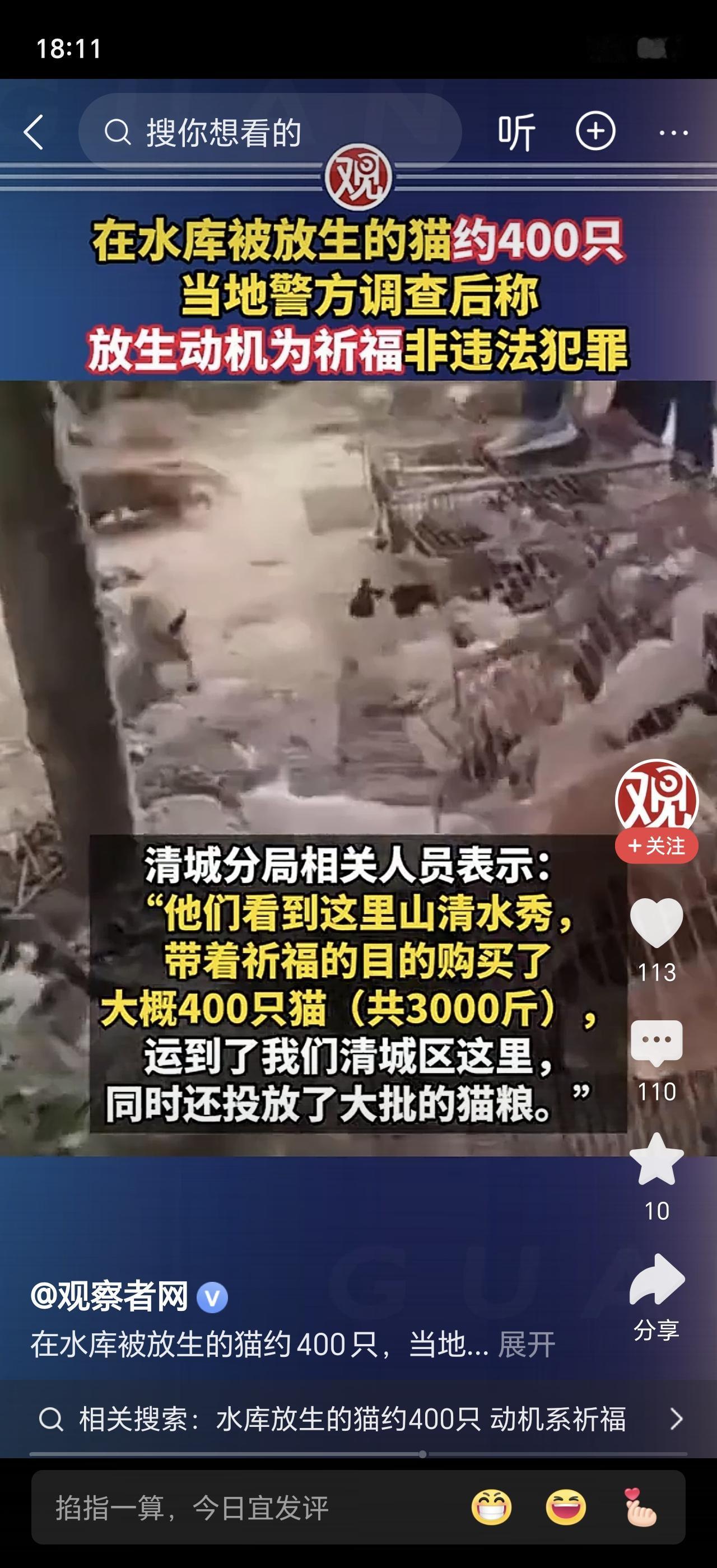 祈福居然往水库放400只猫？
 
广东清远迎咀水库是饮用水源地，10个外地人拉来