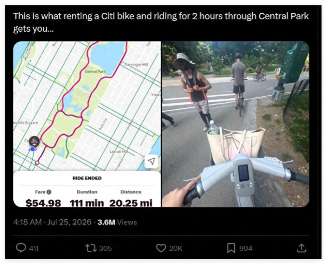 美国人被杀猪盘了！[太阳]

绕纽约中央公园骑一圈电助力共享单车，111分钟被扣