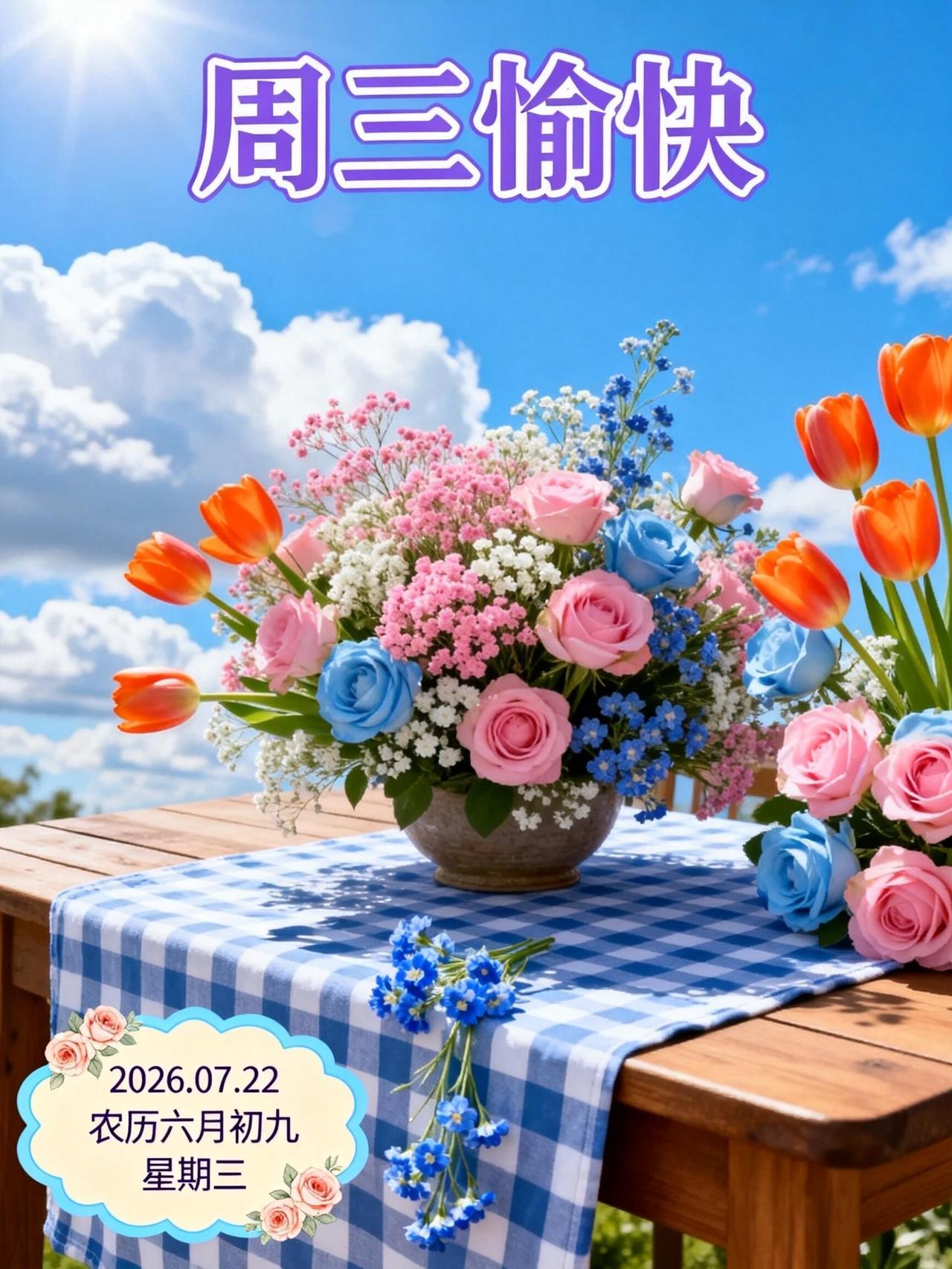 早安朋友🌻！7月22日星期三，晨光铺满前路。炎炎夏日，愿你寻得一隅清凉，守住内