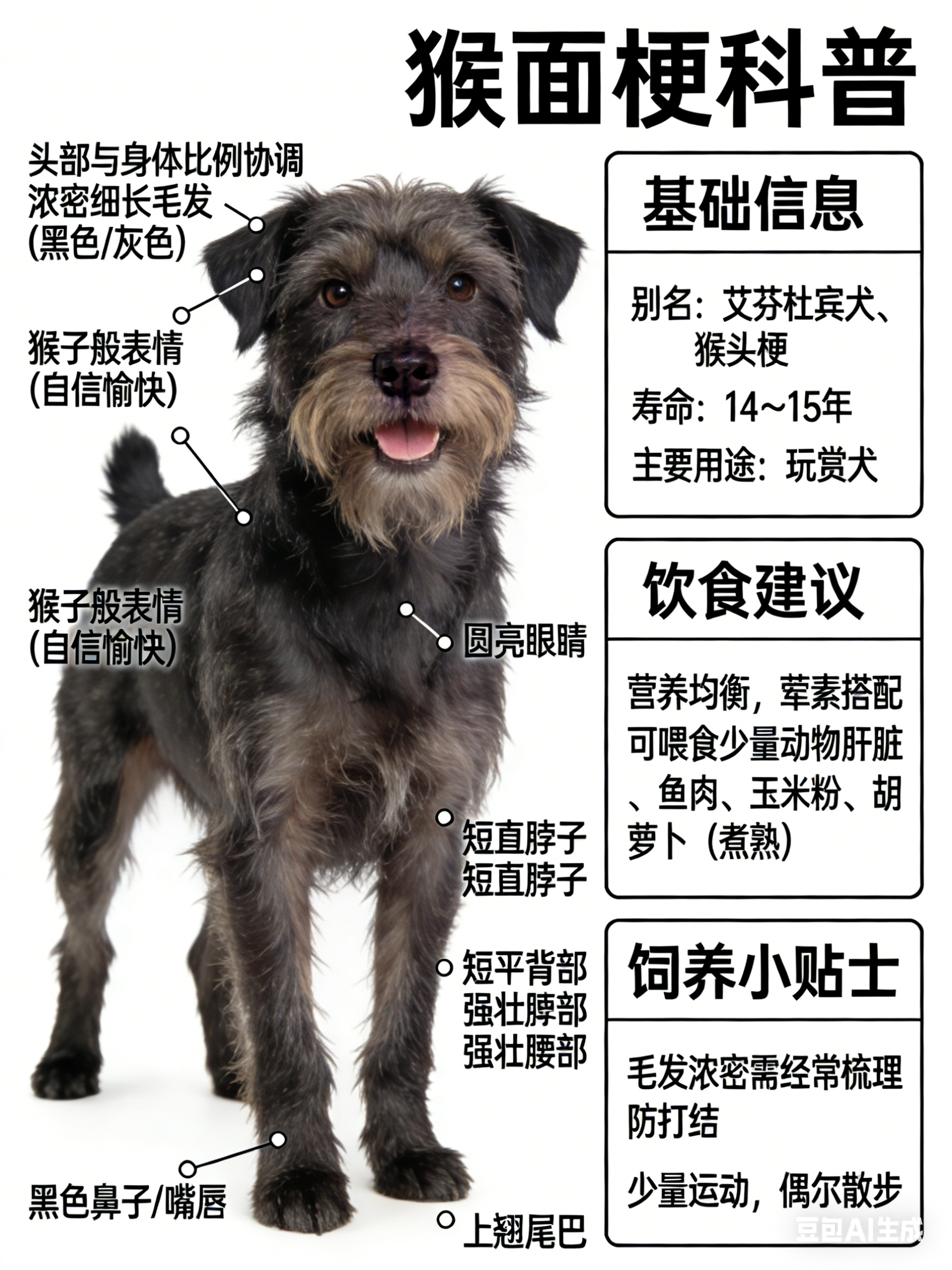 我AI的动物 猴面梗别名：艾芬杜宾犬、猴头梗寿命：14～15年主要用途：玩赏犬猴