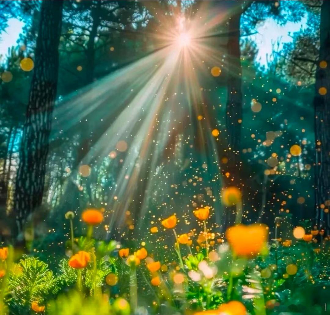 林间晨雾散尽时，金色晨光如碎钻般穿透枝桠，斜斜铺洒在缀满朝露的花簇上。橙黄的花瓣