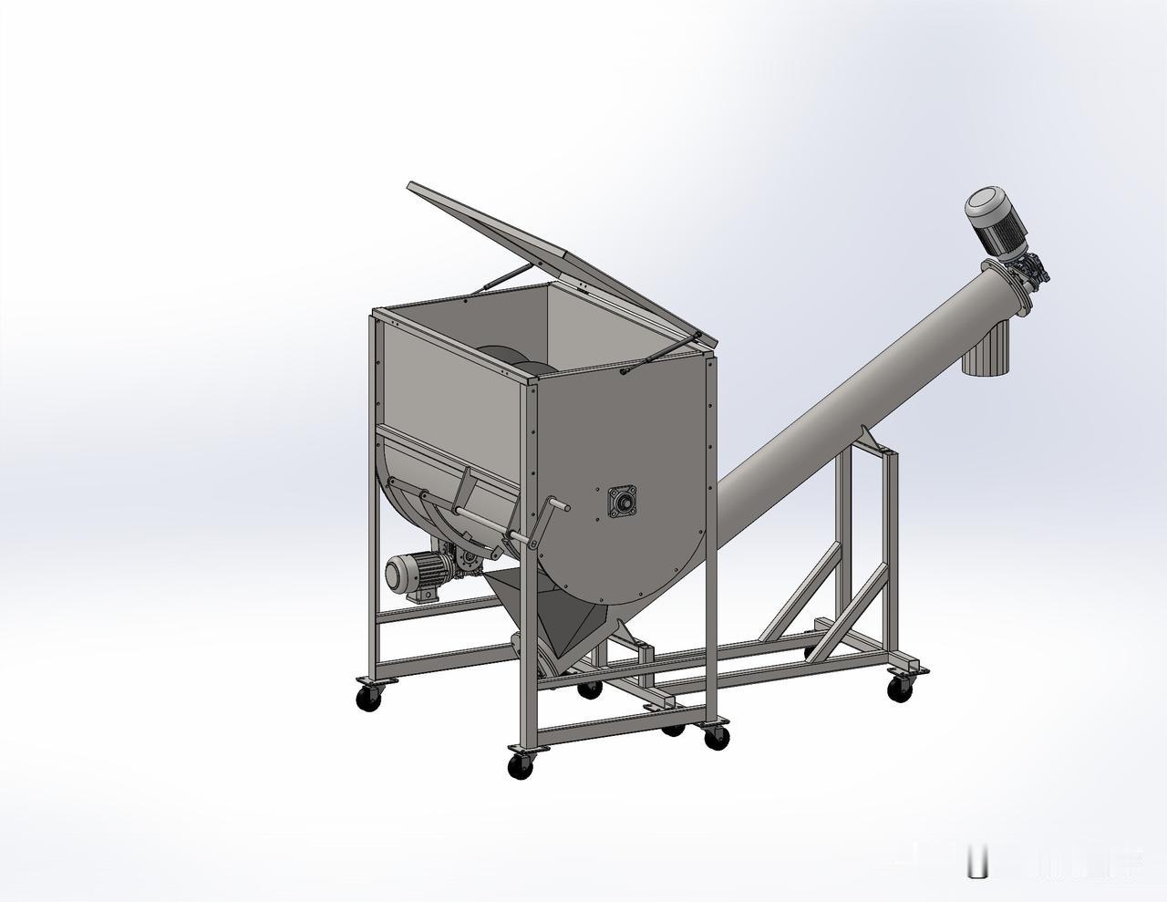 卧式搅拌机和螺旋输送机三维模型：
        用于混合的搅拌机通过旋转叶片将