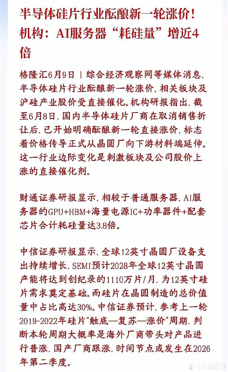 又是科技股的利好消息，半导体行业酝酿新一轮涨价，明天科技股稳了硅片是做芯片的“硅