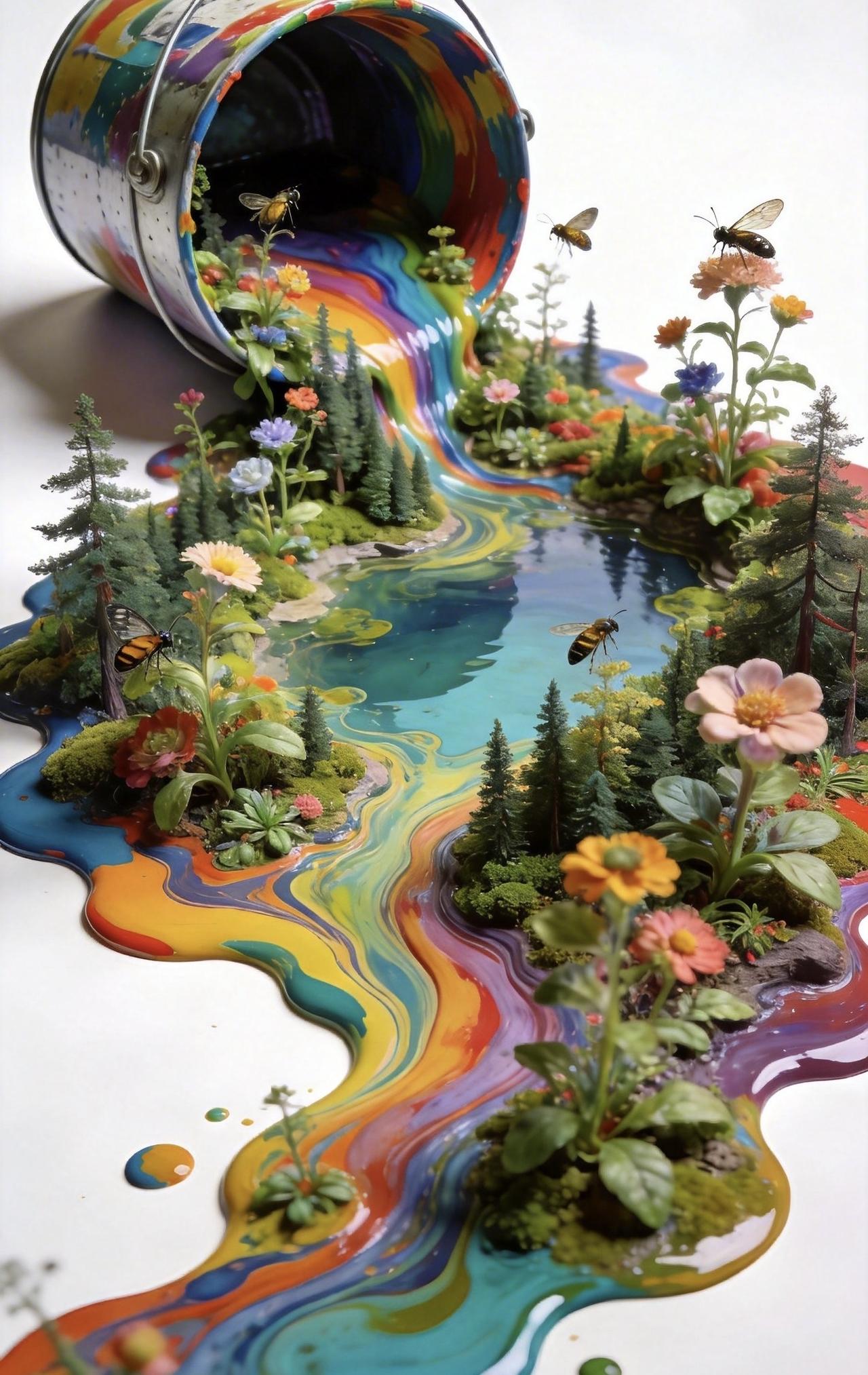 精美壁纸（689）🌈
📝纯色背景前，一只打翻的彩色油漆桶肆意流淌，颜料化作蜿