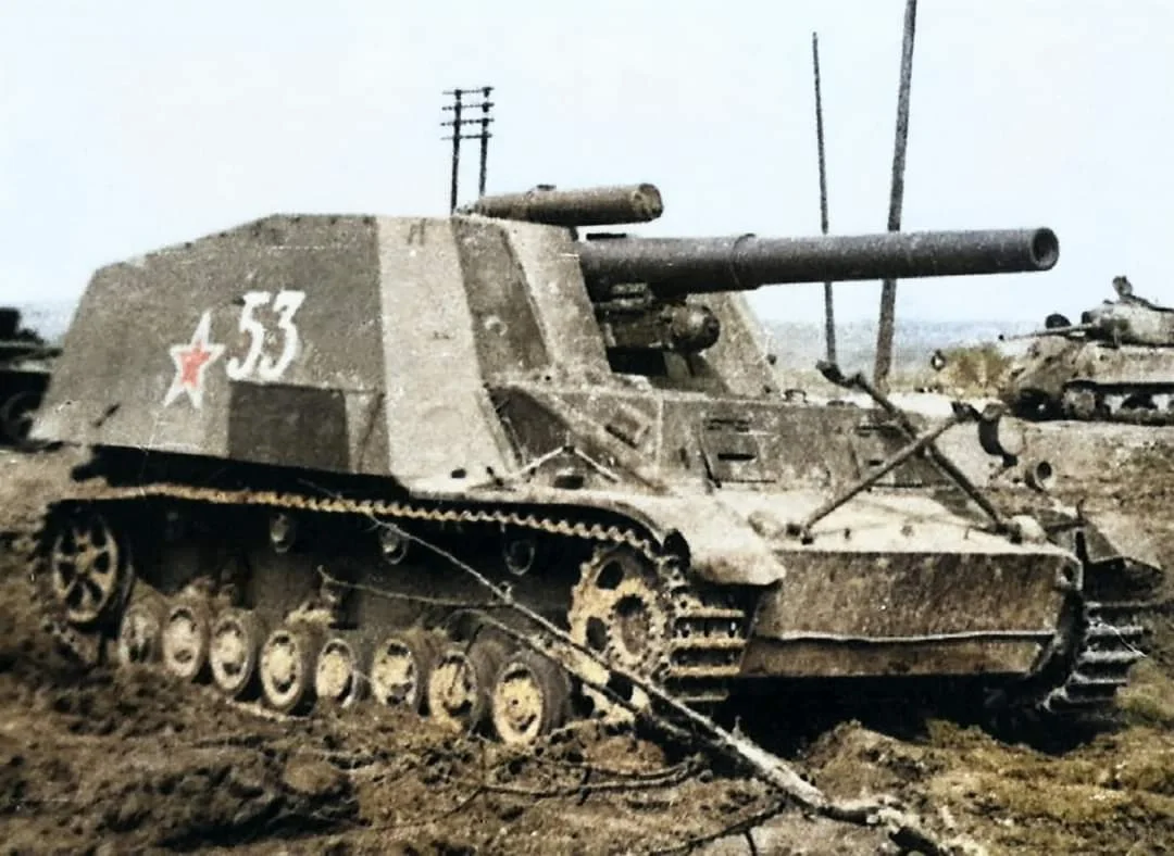 苏军俘获的德军第366近卫军S.P.炮兵团的德国野蜂自行火炮“53”编号。
