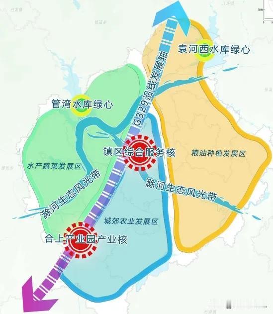 肥东县梁园镇空间发展格局。基于梁园镇人文、地理空间特征， 塑造“一轴双核、两带两