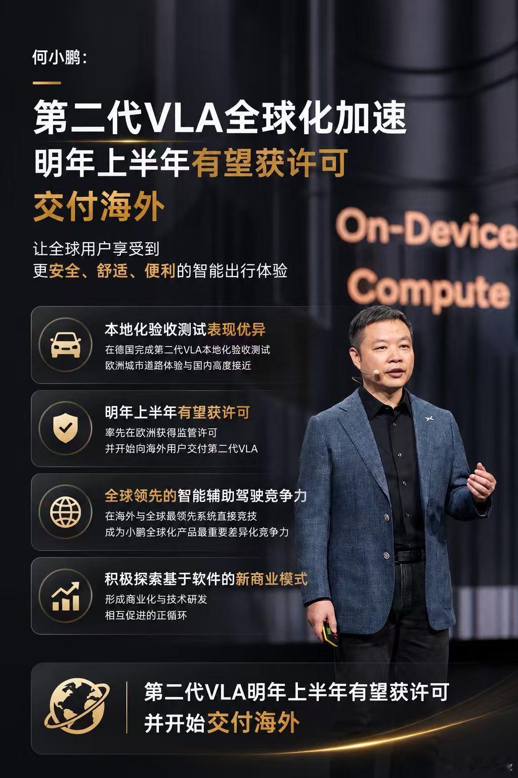 何小鹏：【第二代VLA全球化加速：欧洲测试表现优异，明年上半年有望获许可交付海外