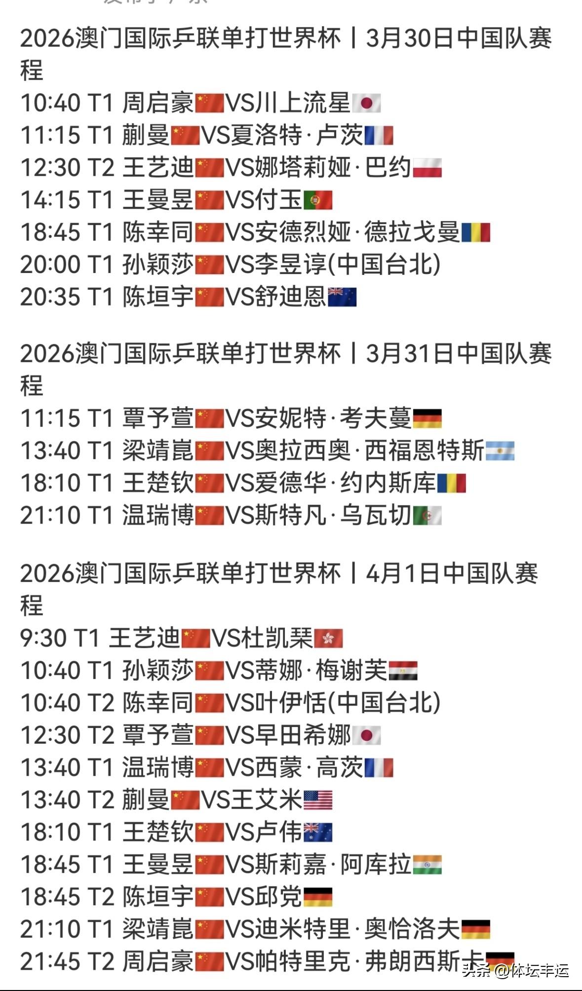 🇨🇳国乒男女单打最新赛程揭晓🆕⬇️⬇️

✅首日30号出战🇨🇳中国选手