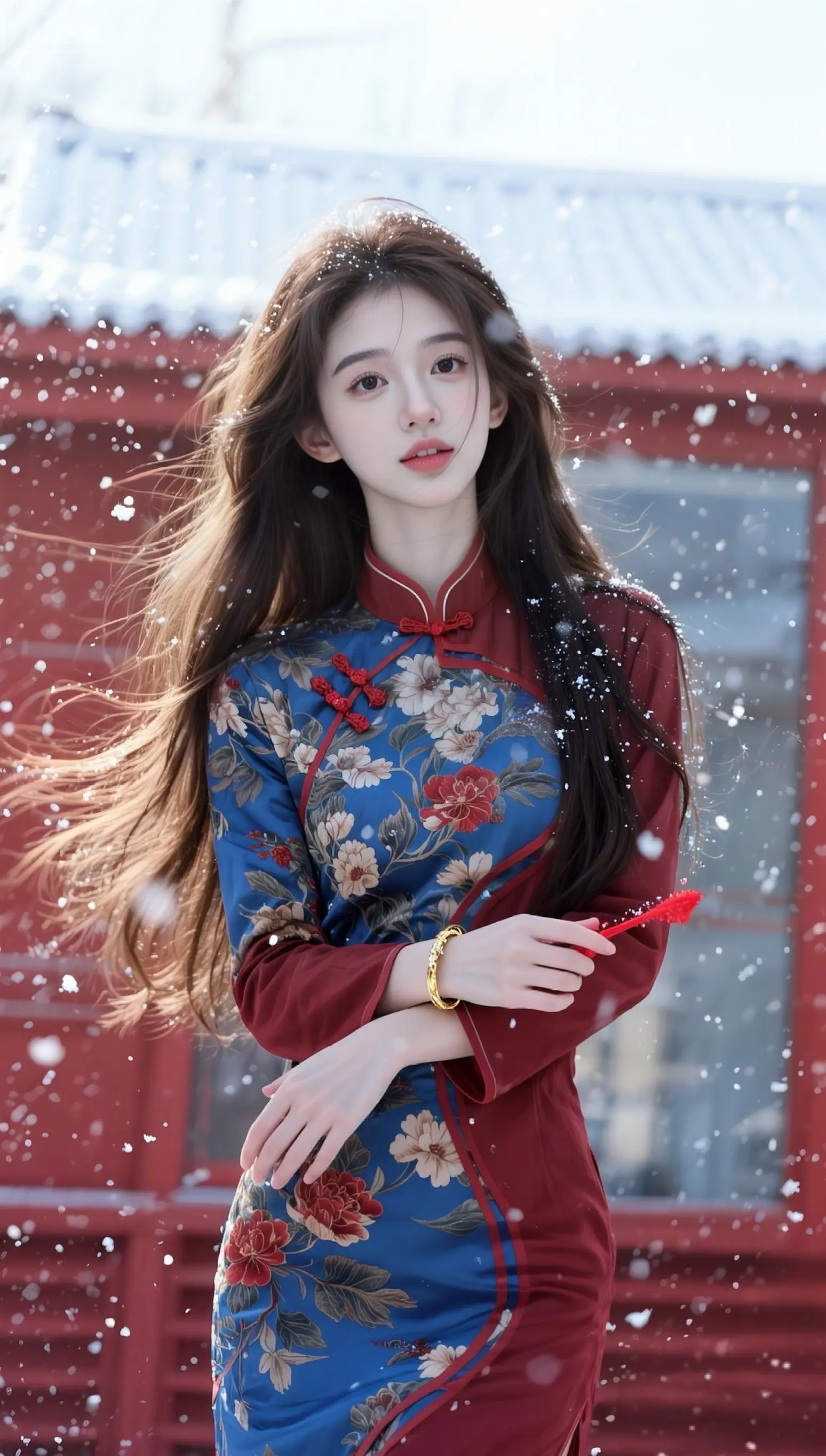风雪落满旧朱门，花间旗袍遇良辰。
