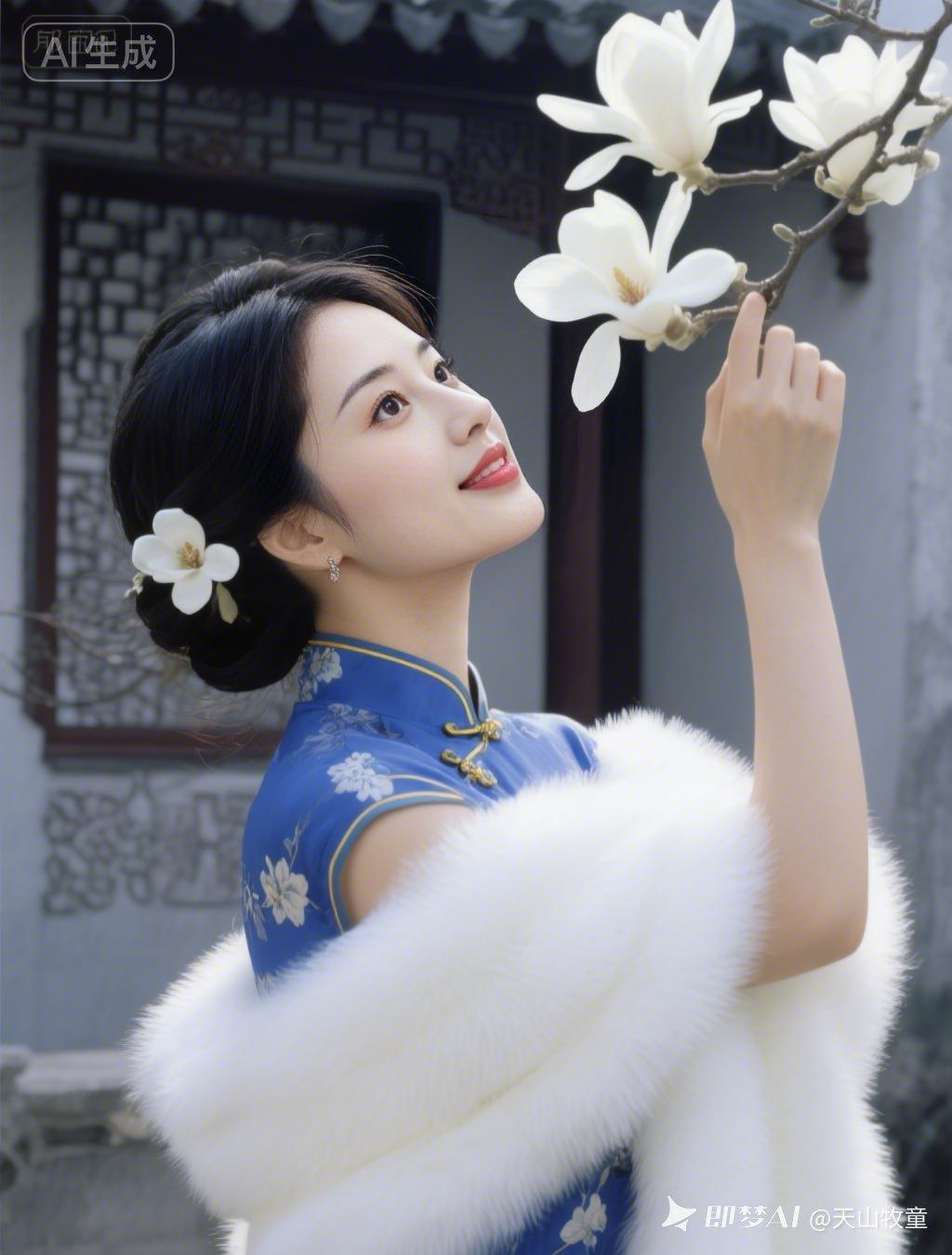 “春日花语，蓝衣美人与白花共舞”🌸💙💄