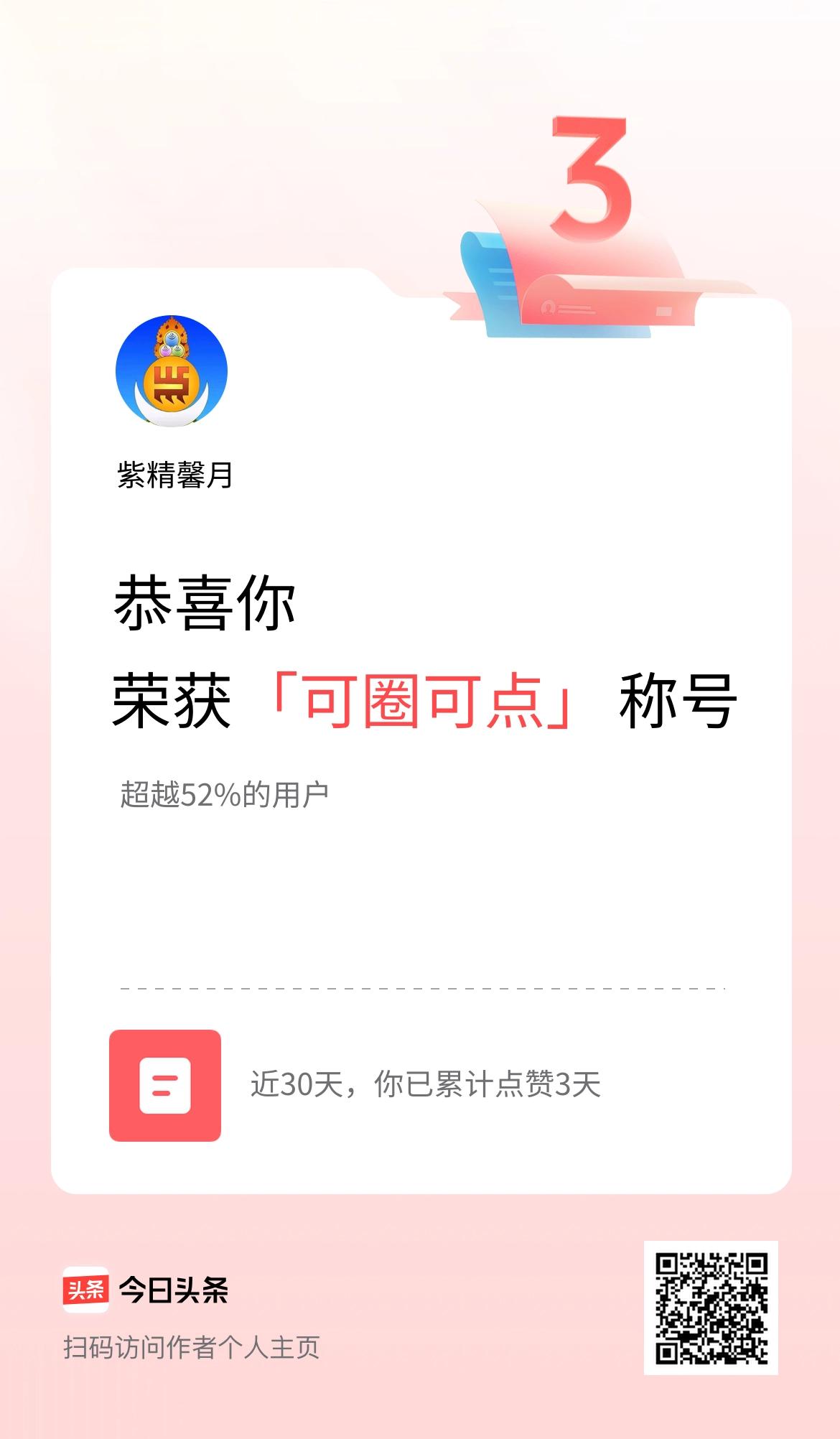 我在头条30天内点赞打卡3天，获得“可圈可点”称号