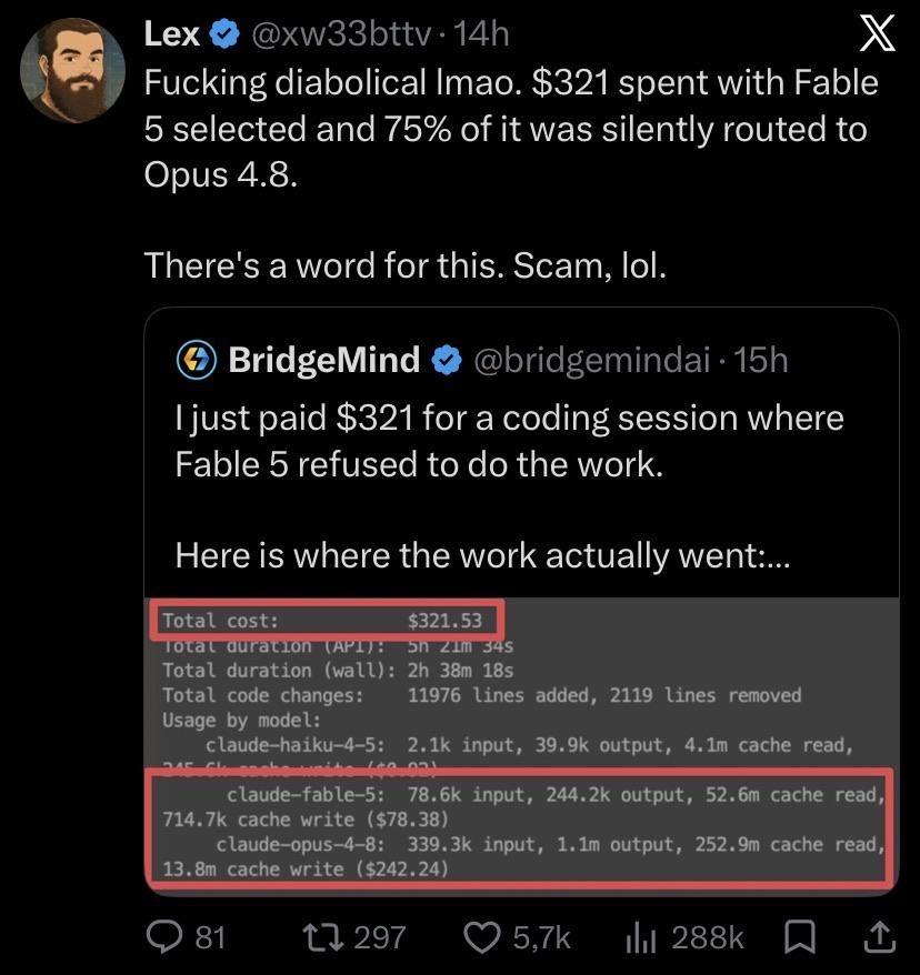 【Fable 5 降级风波：你买的是顶级算力，它给你发的是“平替”】一位开发者在