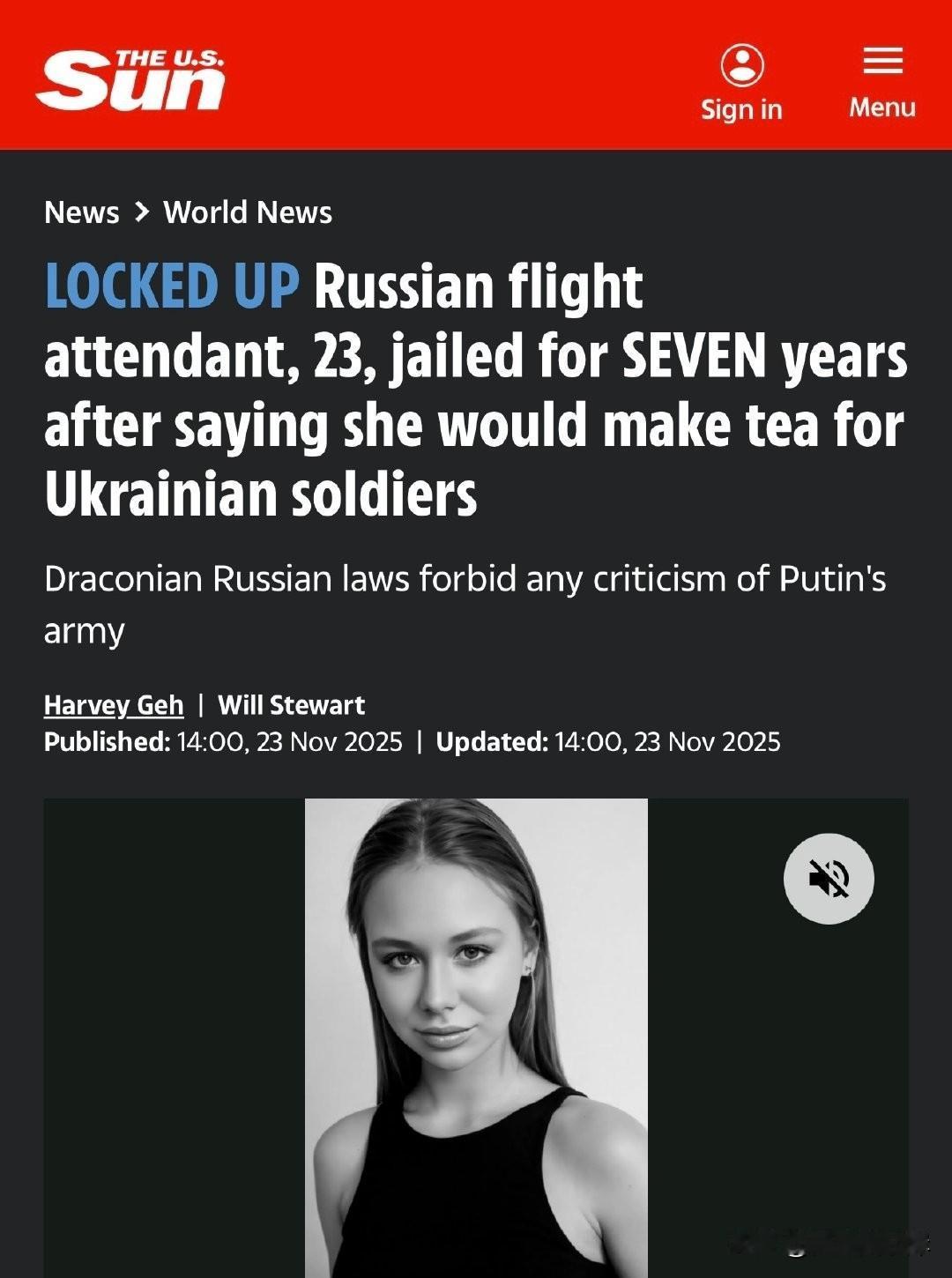 23岁俄罗斯空姐因称愿为乌克兰士兵泡茶，被判7年监禁。
据报，这名空姐曾在网上称