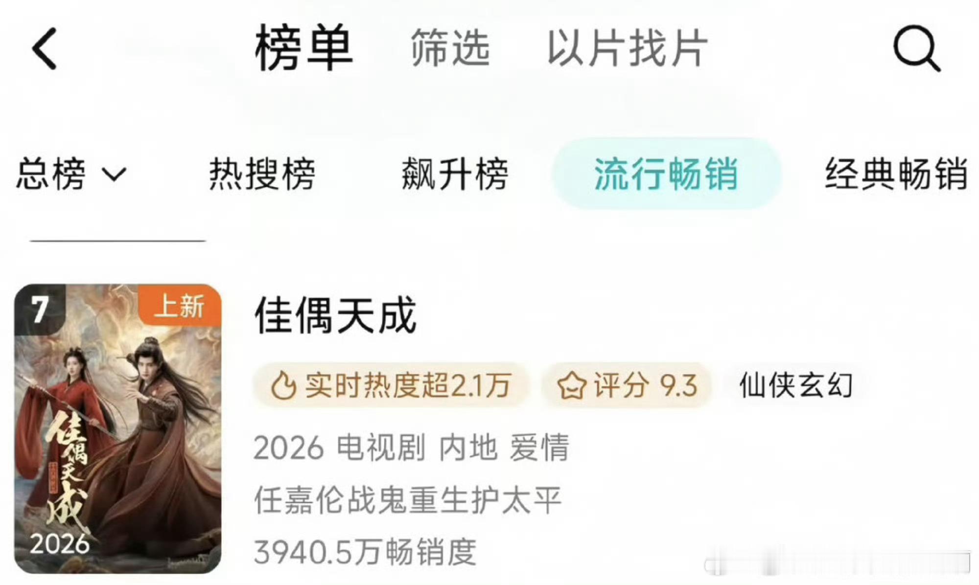 任嘉伦佳偶天成来到畅享榜第七了，陆千乔魅力！ 