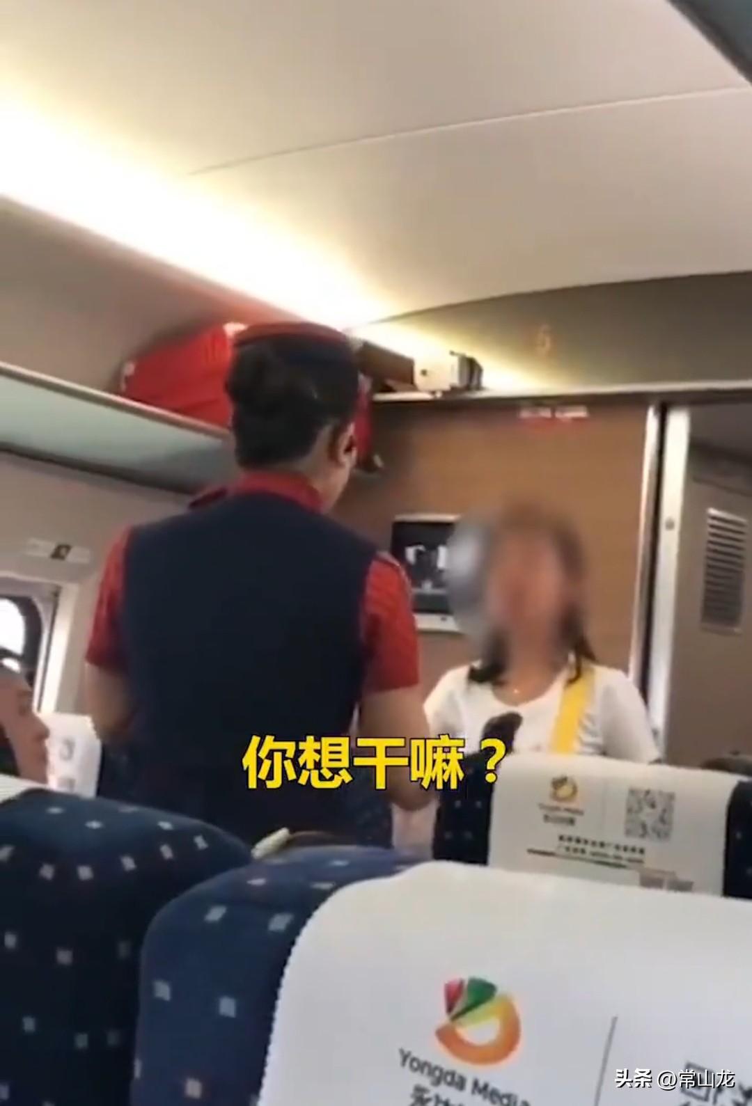 小仙女乘坐高铁，因拒绝查票与乘务员发生口角。
小仙女趾高气扬地推搡乘务员：“干嘛