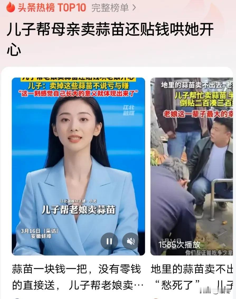 65岁老人种了一亩蒜苗，收购商跑了，眼看要烂在地里。
儿子拉进城，1块钱一把，没