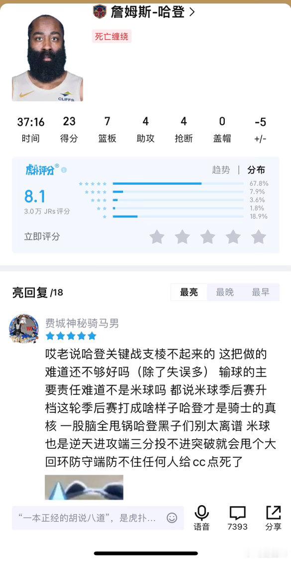 G6的哈登:评分8.1>失误8>进球6活塞骑士抢七